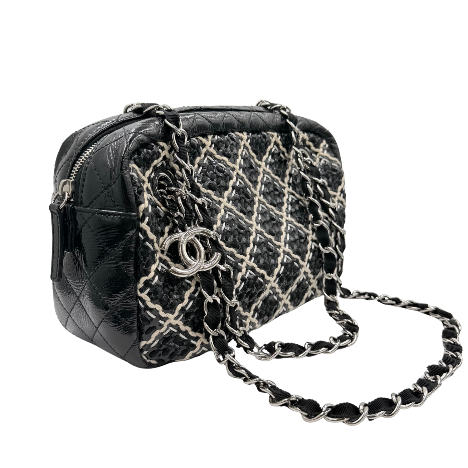 Chanel Camera Case Bag Diamond Woven Stitch Patent Leather Medium Black