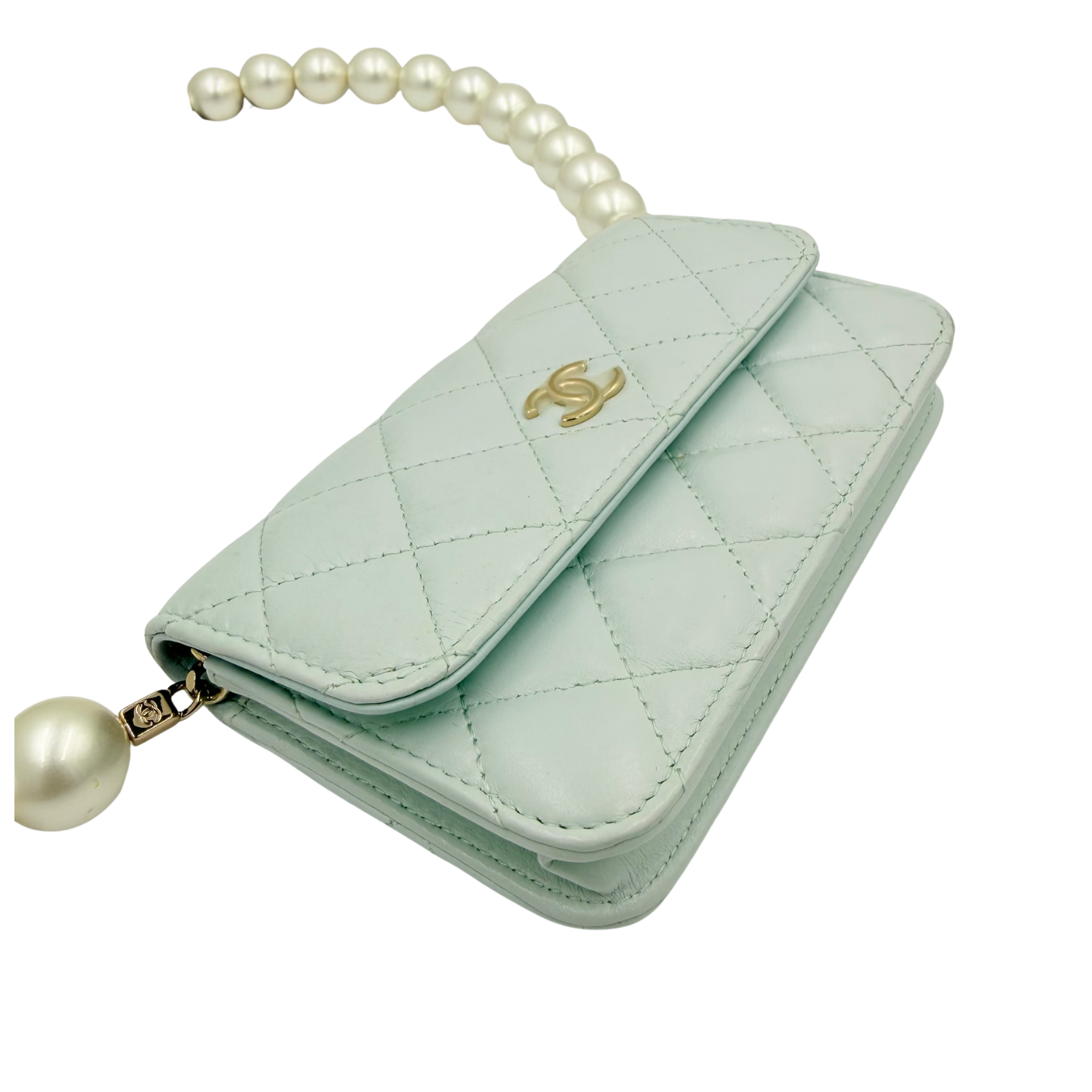 Chanel Quilted Lambskin Imitation Pearl Wallet on Chain Light Blue