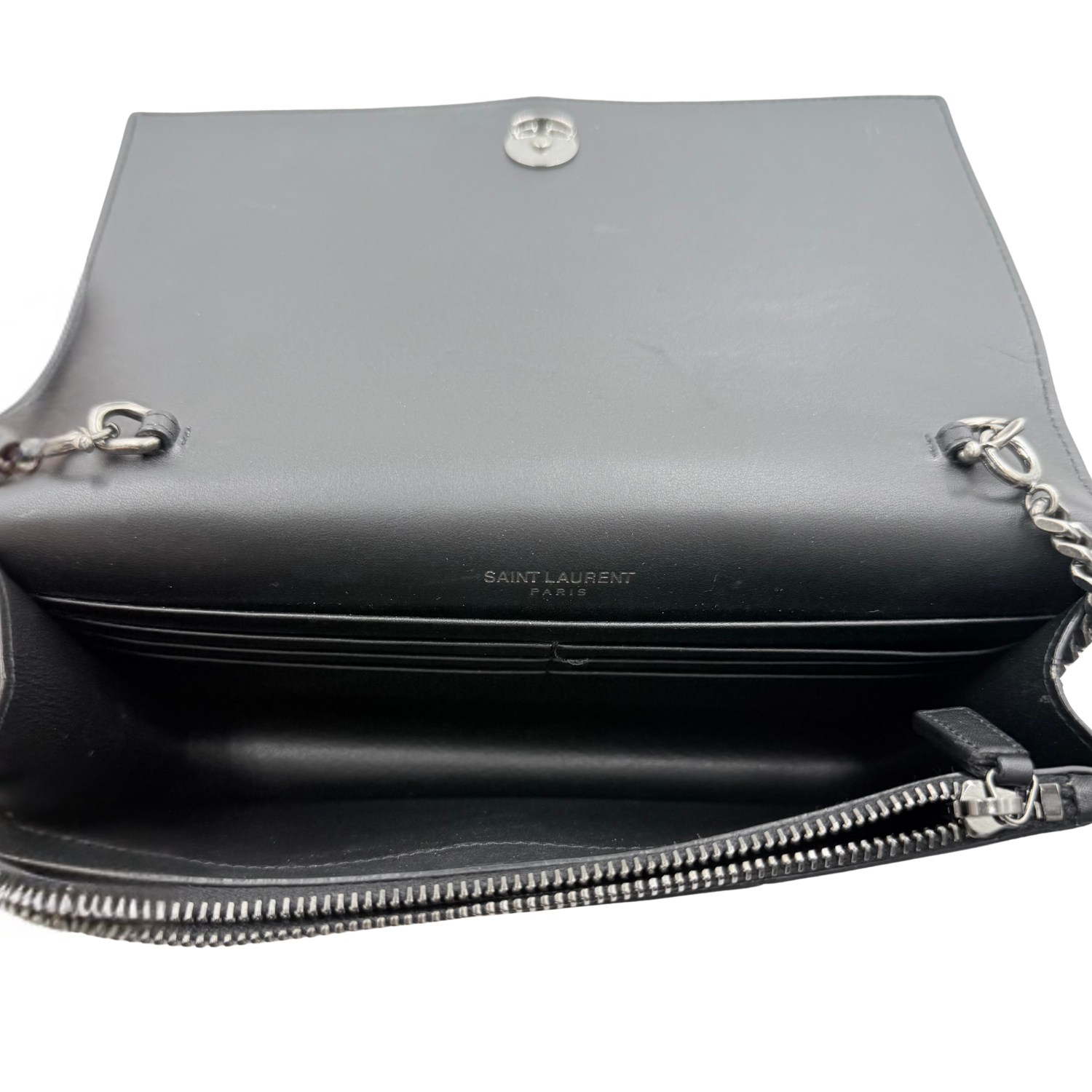 Yves Saint Laurent Small Classic Monogram Tassel Wallet on Chain Black Ecru