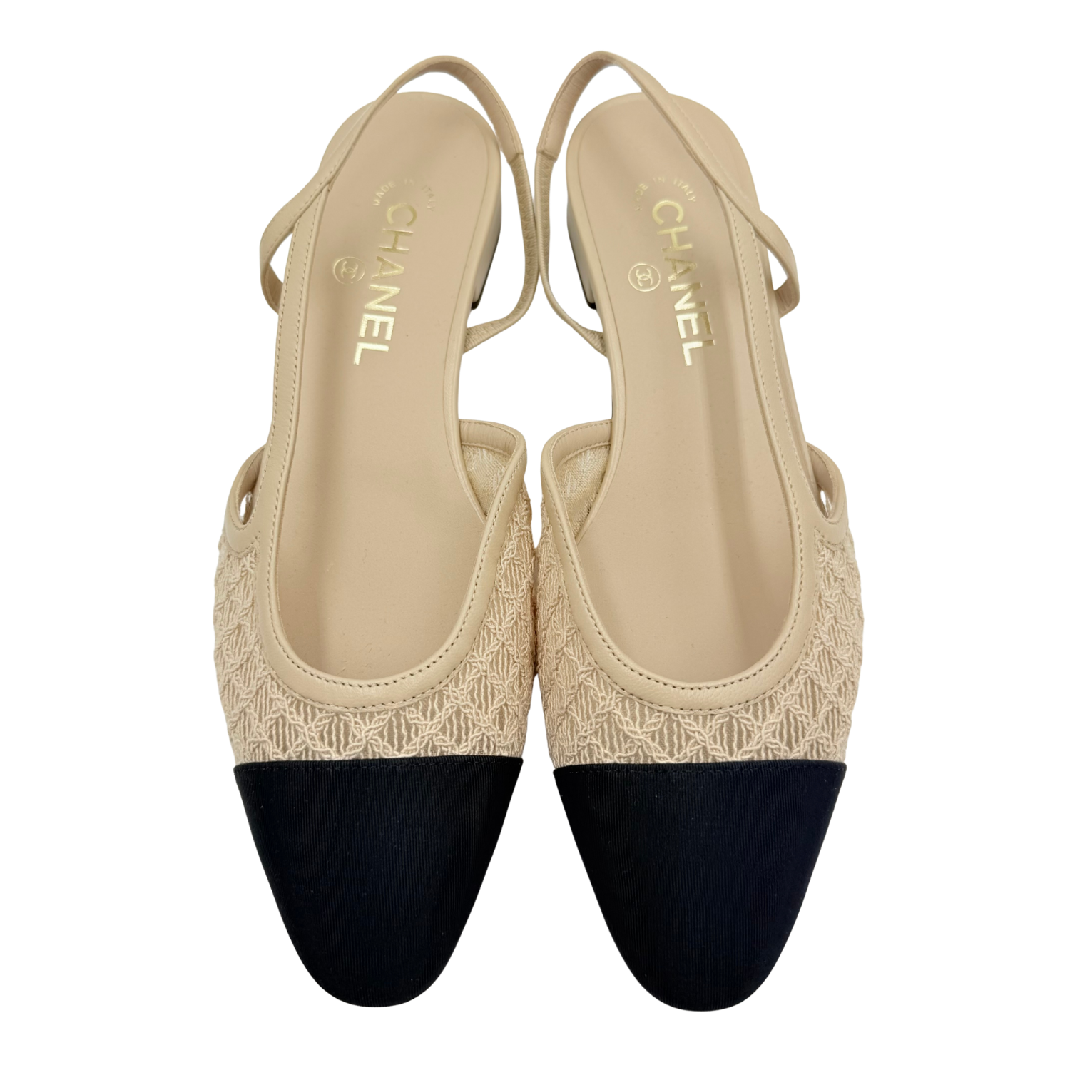 Chanel Interlocking CC Crochet Slingback Flats Beige and Black