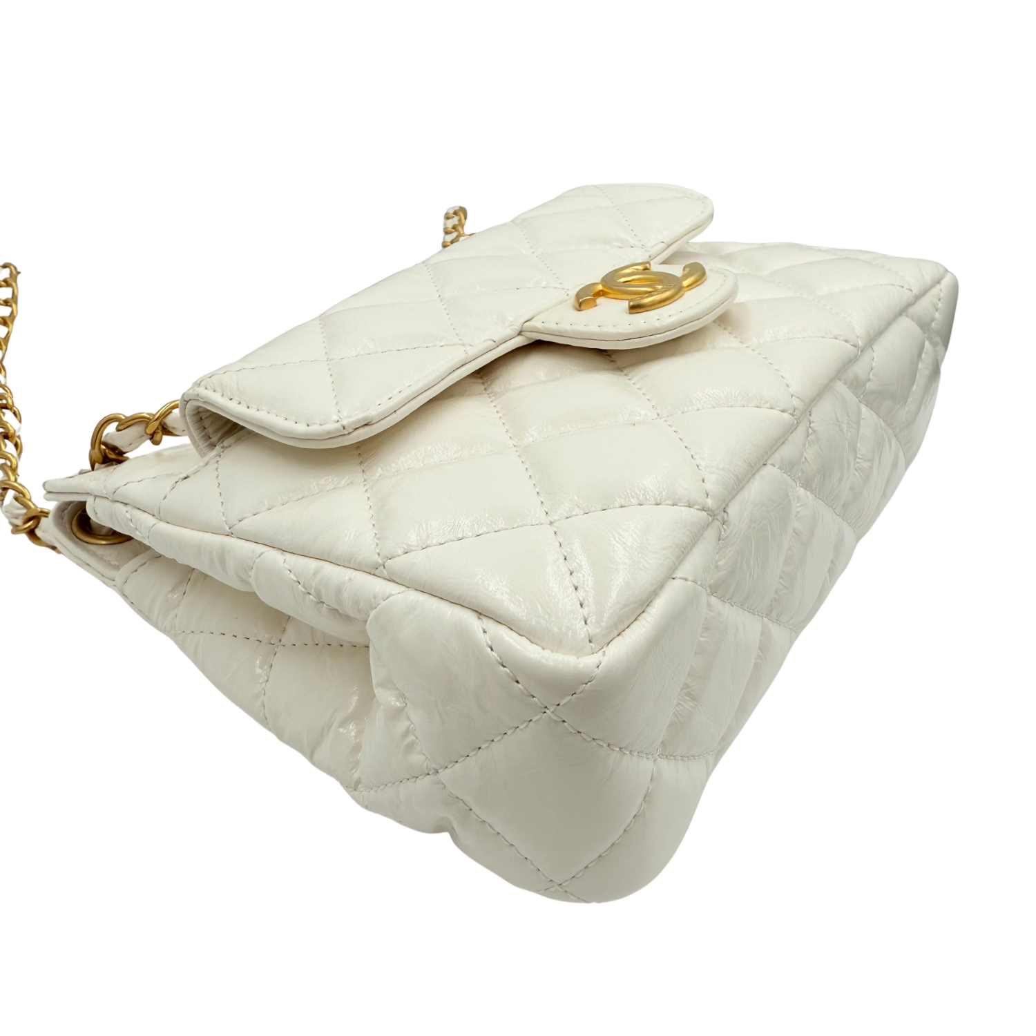 Chanel CC Small Shiny Crumpled Quilted Calfskin Wavy Hobo Bag White
