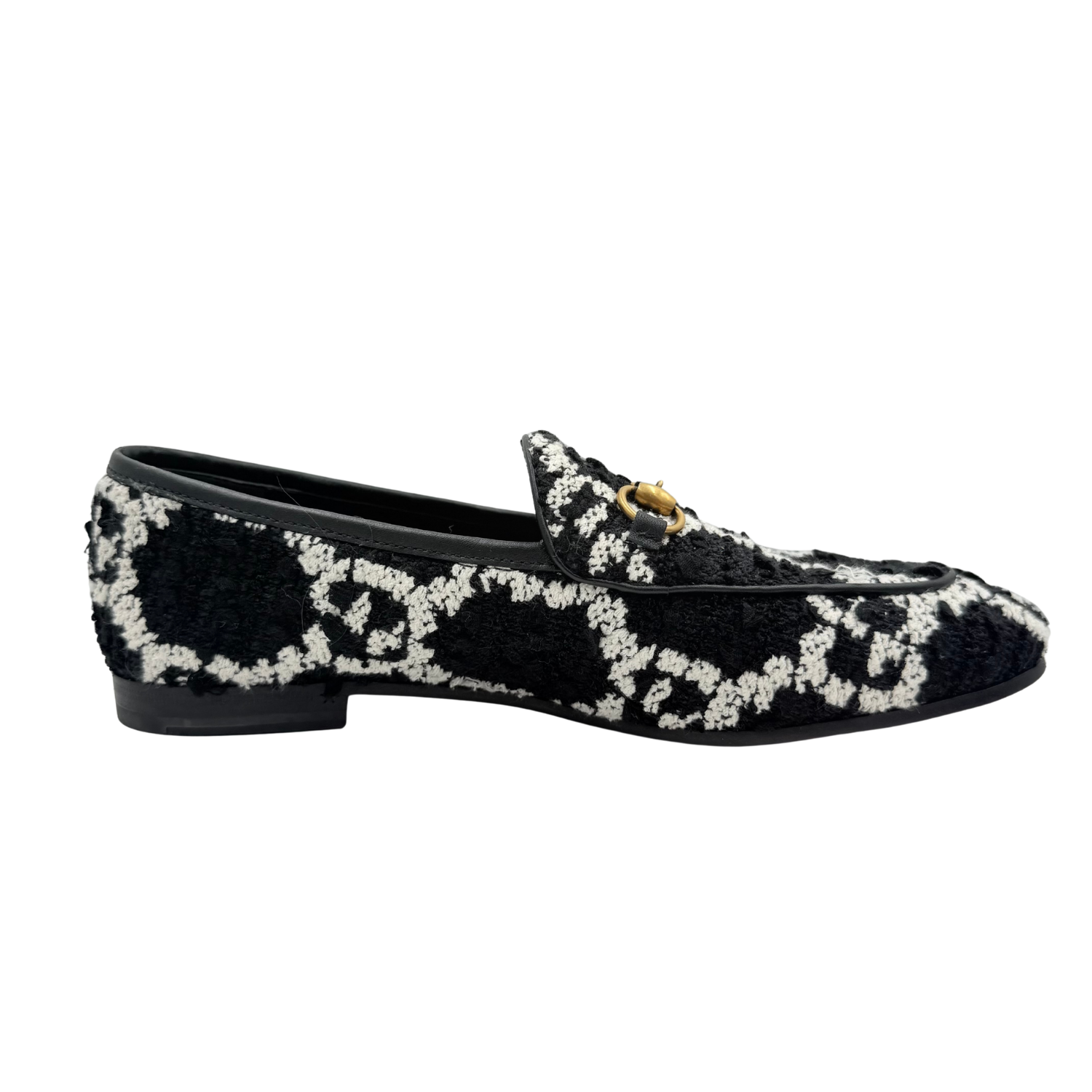 Gucci Brixton Apron-Toe Horsebit Tweed Loafers Black and White