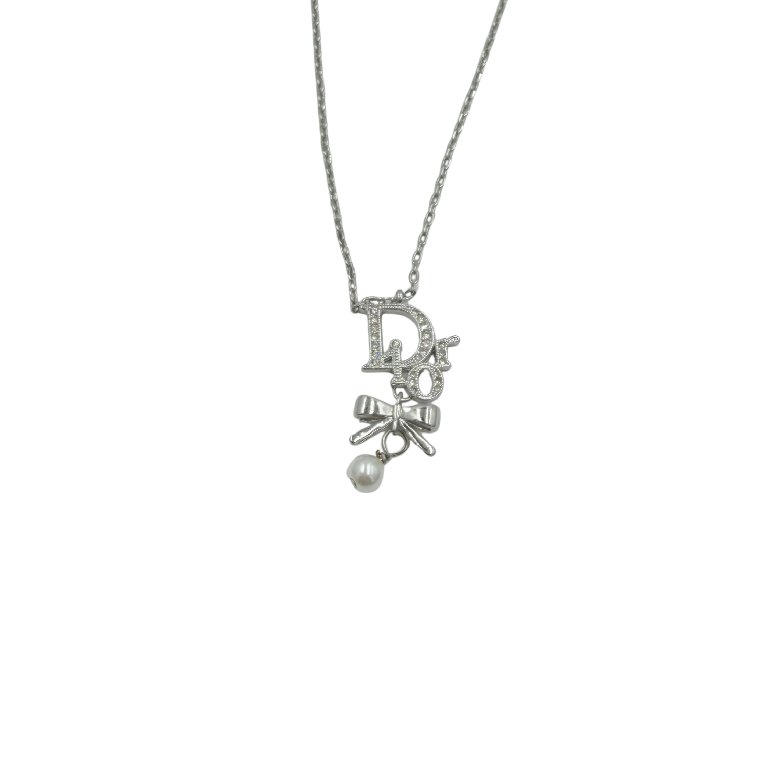 Crystal Pearl Bow Drop Necklace