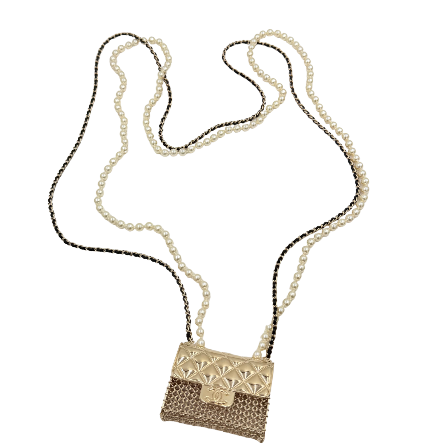 Faux Pearl & Leather Flap Bag Pendant Necklace
