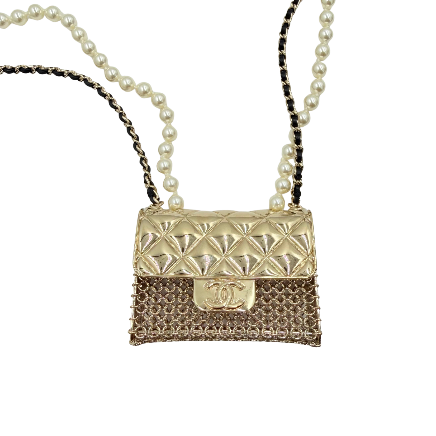 Faux Pearl & Leather Flap Bag Pendant Necklace