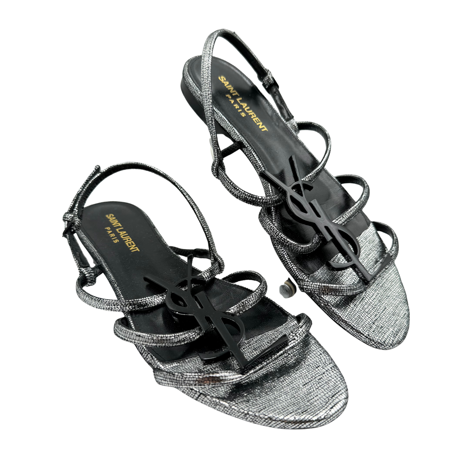 Yves Saint Laurent Cassandre YSL Logo Metallic Flat Sandals