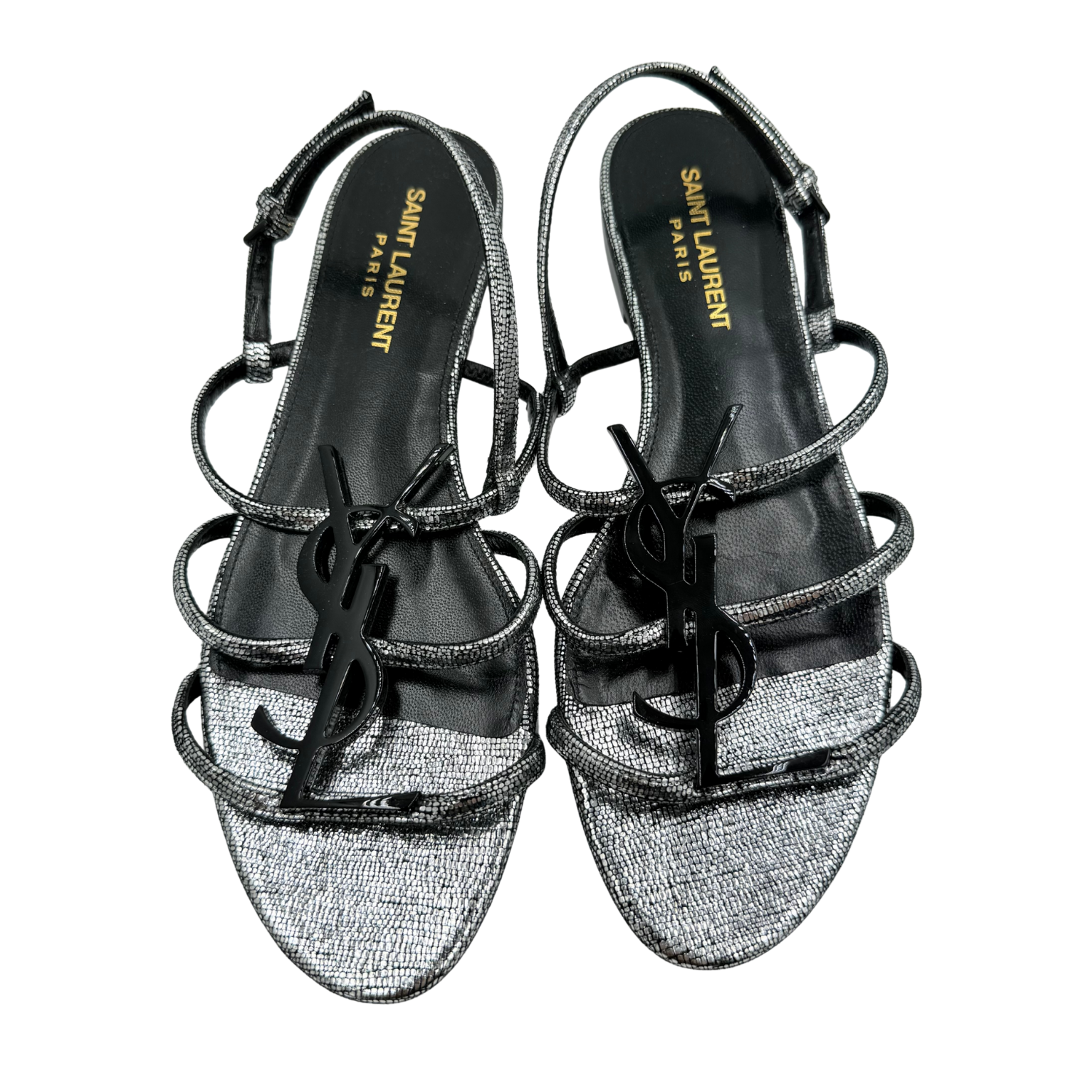 Yves Saint Laurent Cassandre YSL Logo Metallic Flat Sandals