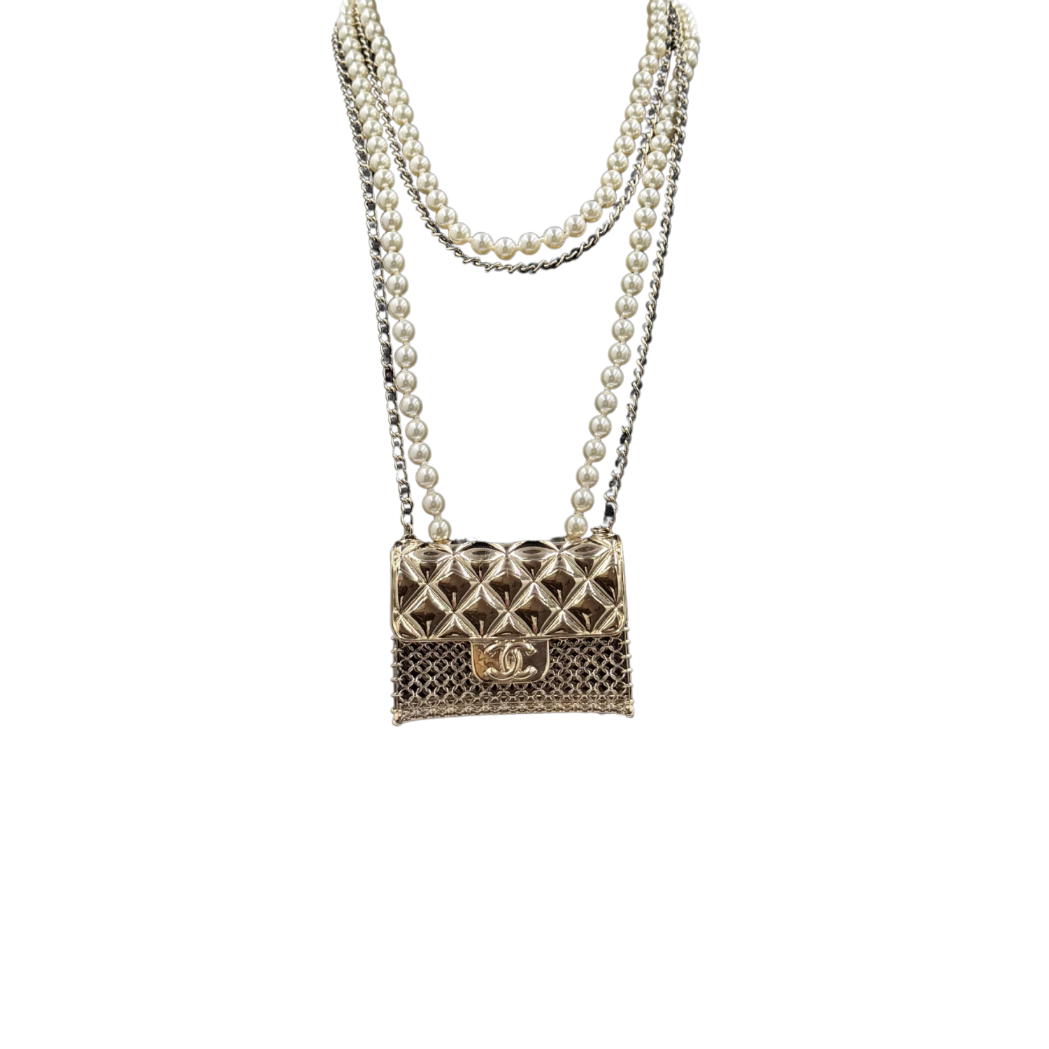 Faux Pearl & Leather Flap Bag Pendant Necklace