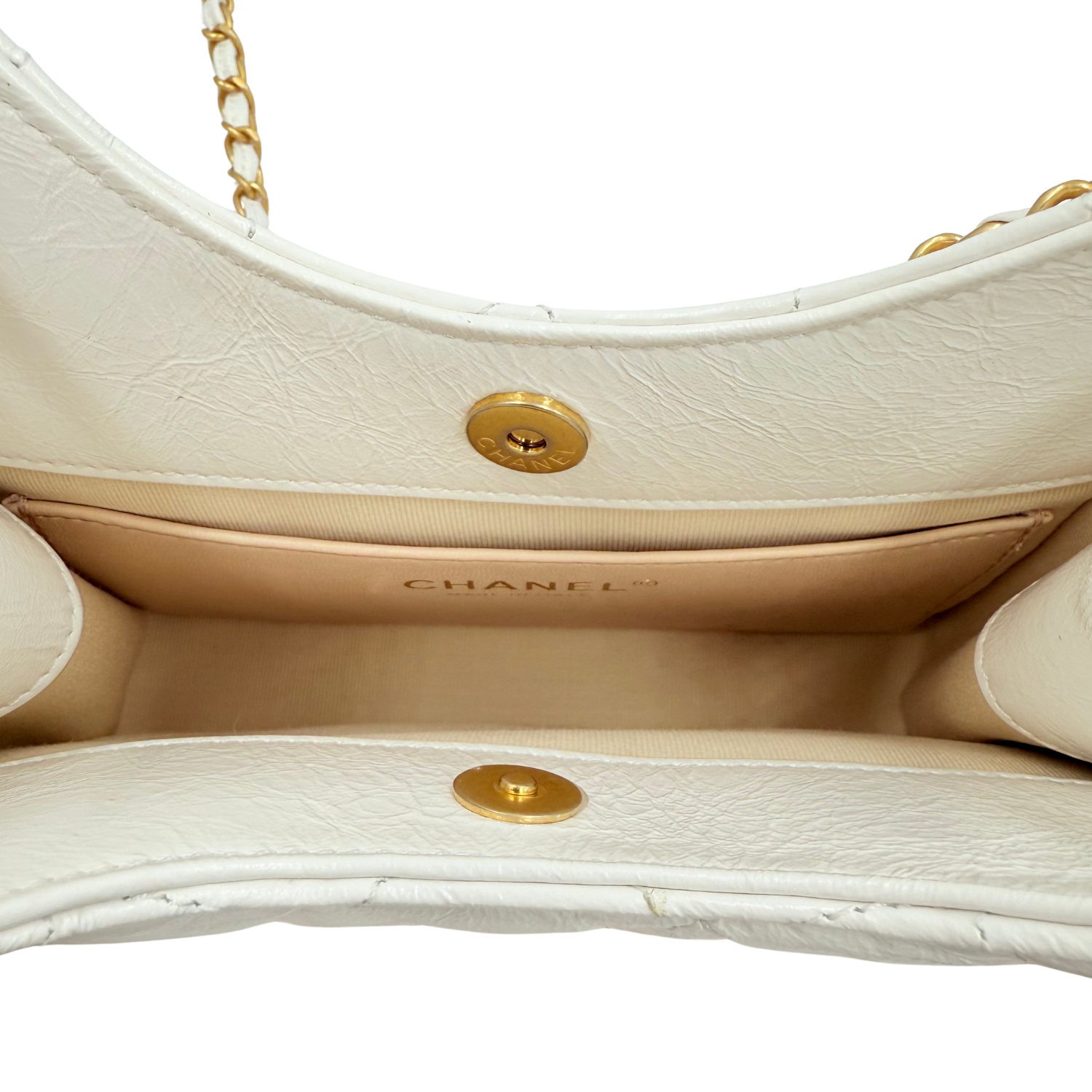 Chanel CC Small Shiny Crumpled Quilted Calfskin Wavy Hobo Bag White