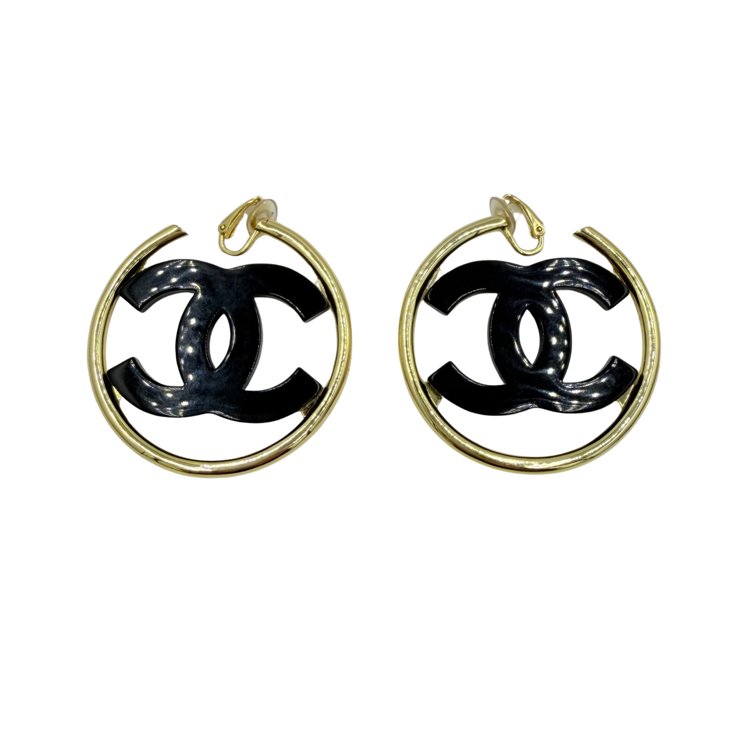 Vintage 24k Gold Plated CC Black Clip On Hoops