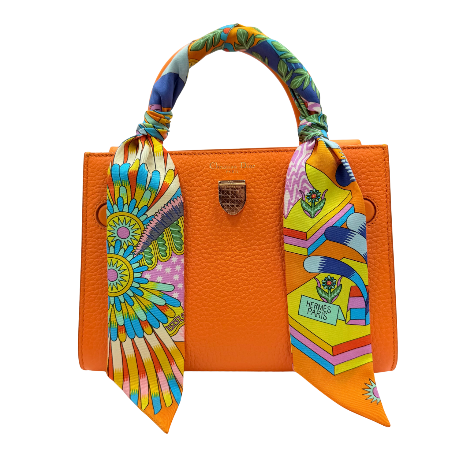 Christian Dior Mini Leather Diorever Crossbody Bag with Top Handle Orange (Comes with Hermès Twilly)