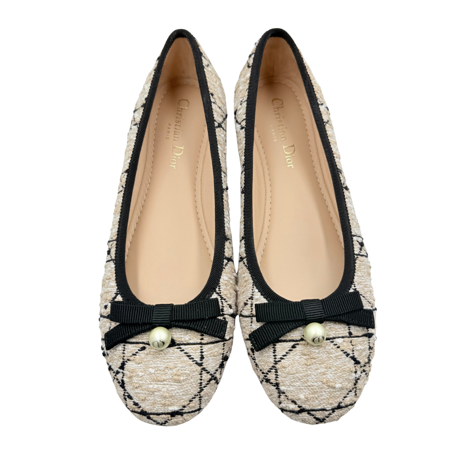 Christian Dior Tweed Cannage Ballet Flat Beige and Black