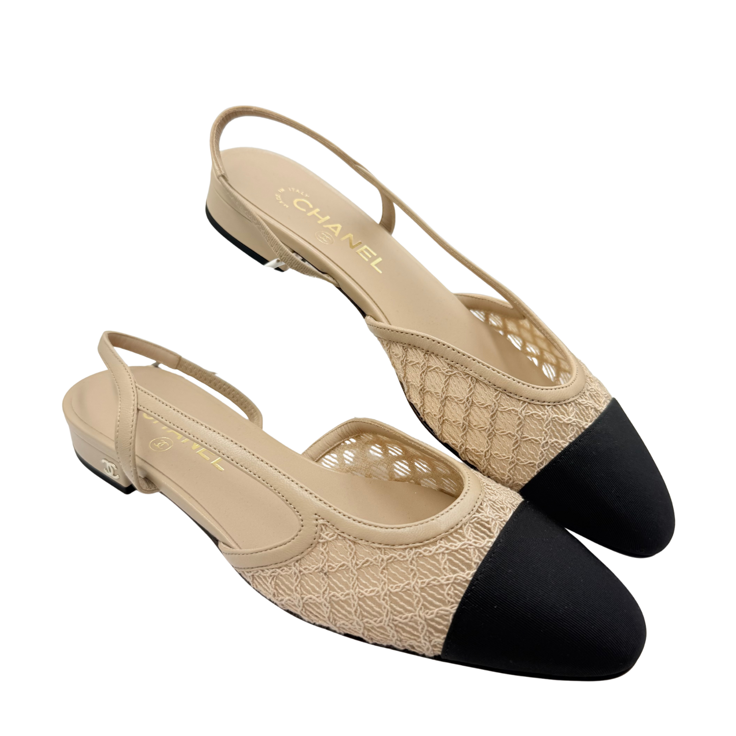 Chanel Interlocking CC Crochet Slingback Flats Beige and Black