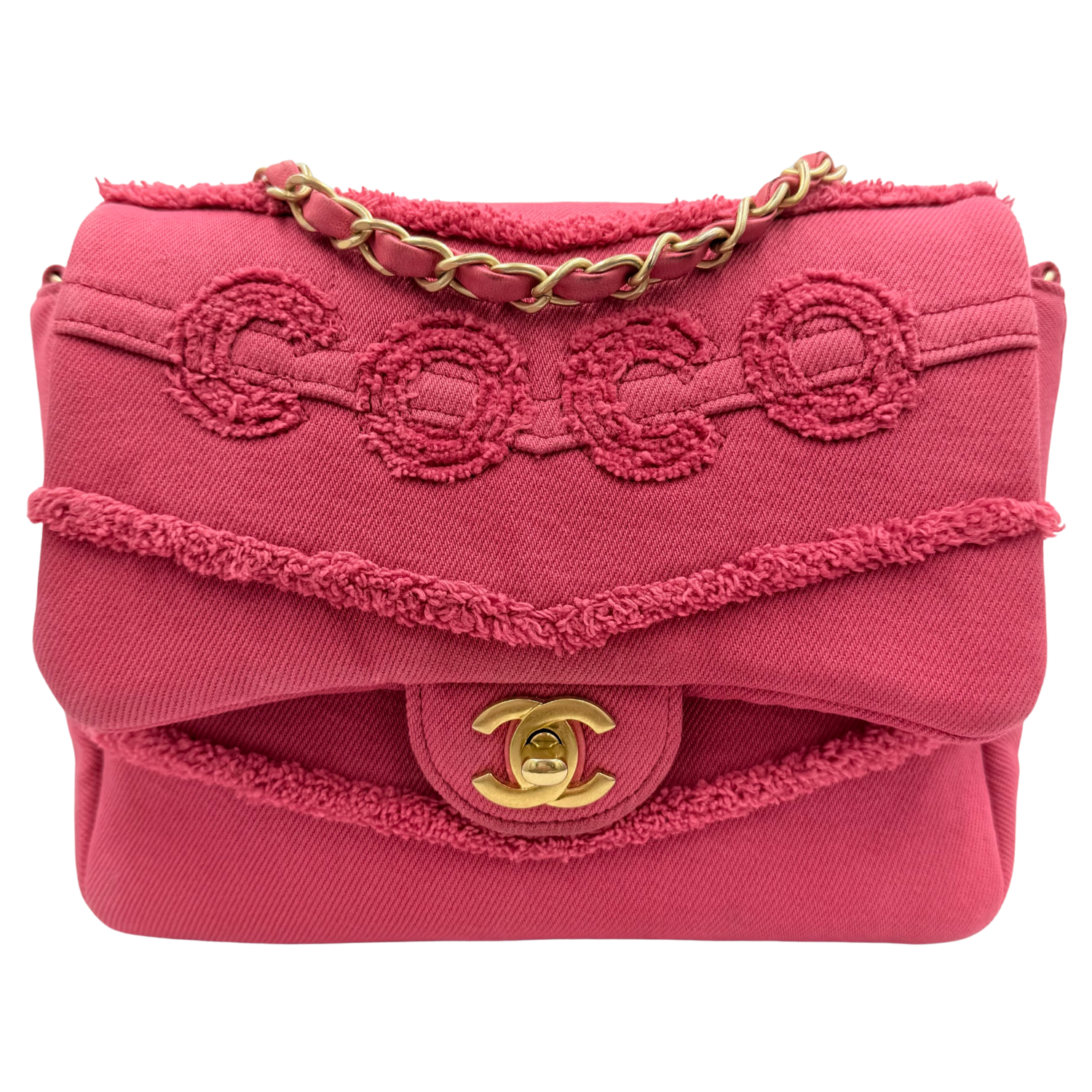 Chanel Small Coco Flap Bag Fringe Chevron Denim Pink