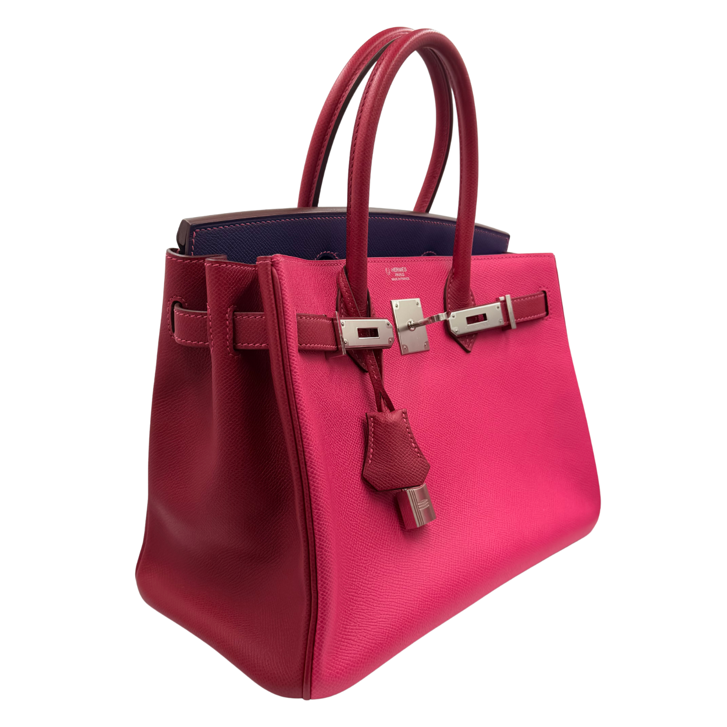 Hermès Special Order (HSS) Birkin 30 Epsom Leather Tri-Color Rose Tyrien, Blue Encre, and Rouge Casaque with Palladium Hardware