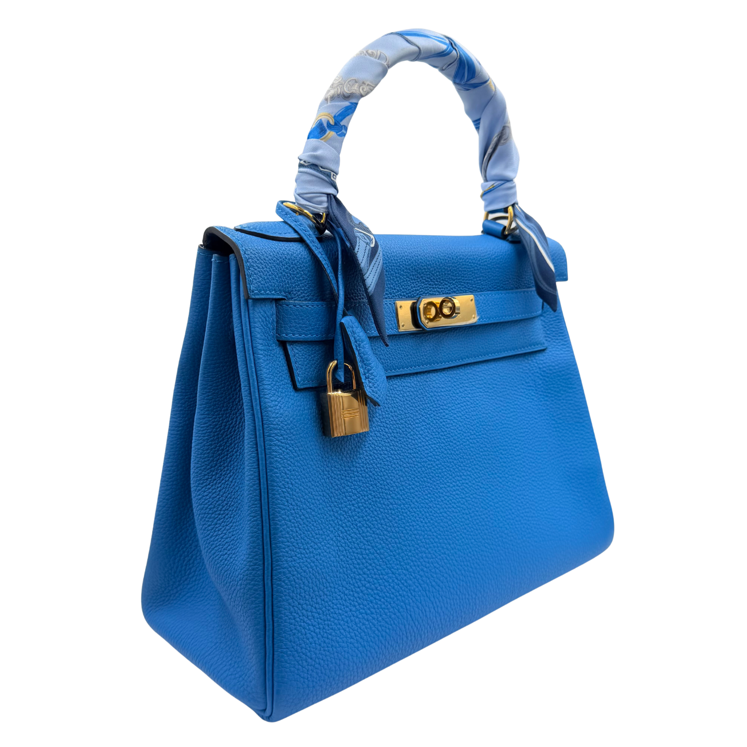 Kelly 28 Togo Blue Zanzibar Gold Hardware comes with Twilly