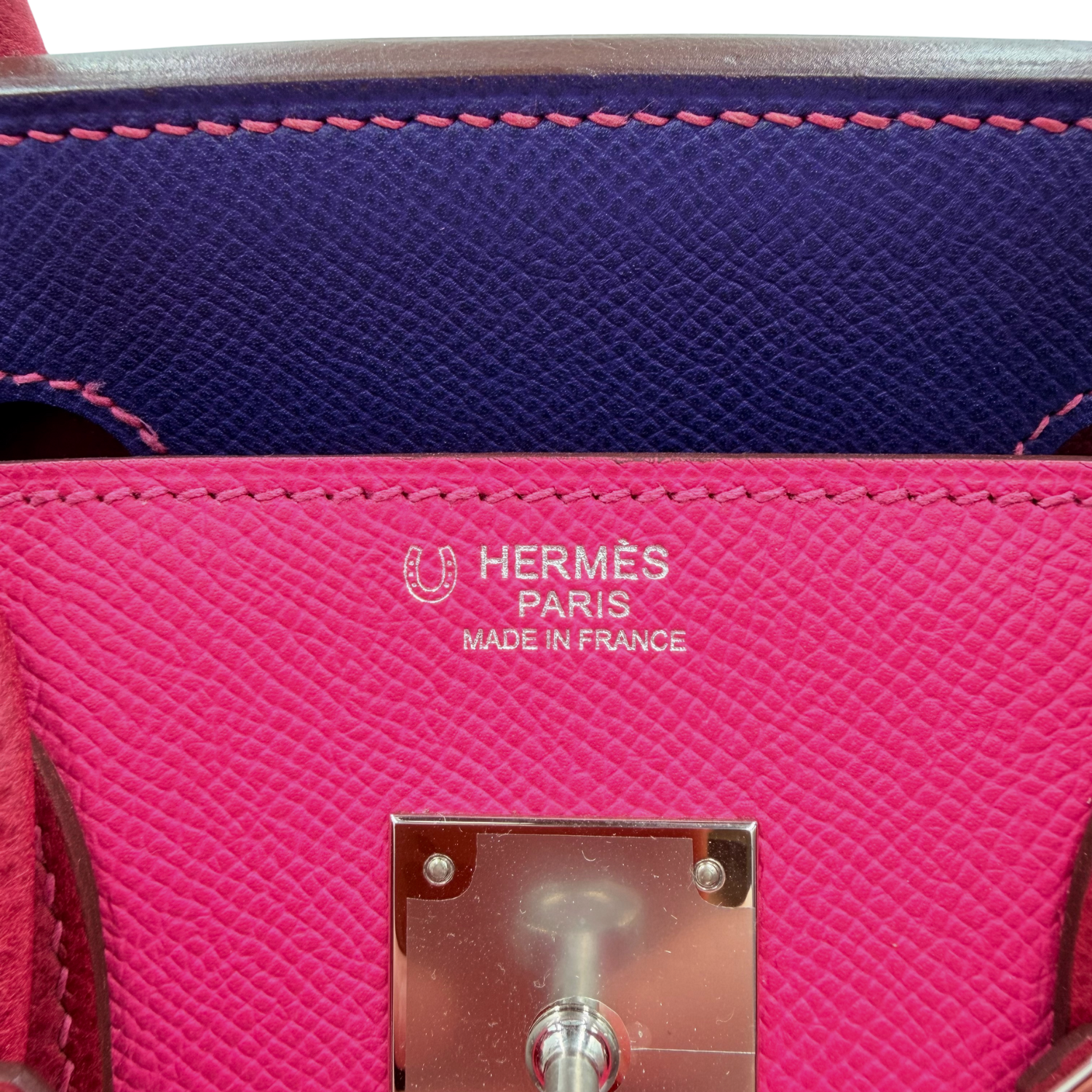 Hermès Special Order (HSS) Birkin 30 Epsom Leather Tri-Color Rose Tyrien, Blue Encre, and Rouge Casaque with Palladium Hardware