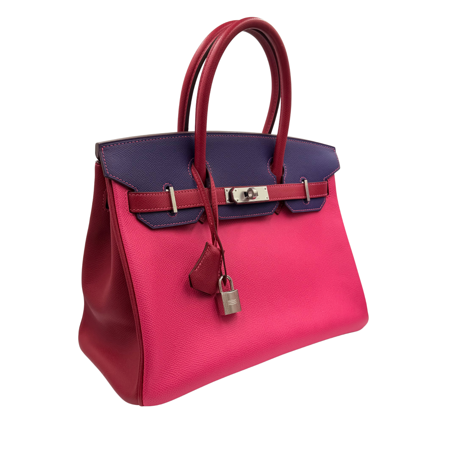 Hermès Special Order (HSS) Birkin 30 Epsom Leather Tri-Color Rose Tyrien, Blue Encre, and Rouge Casaque with Palladium Hardware