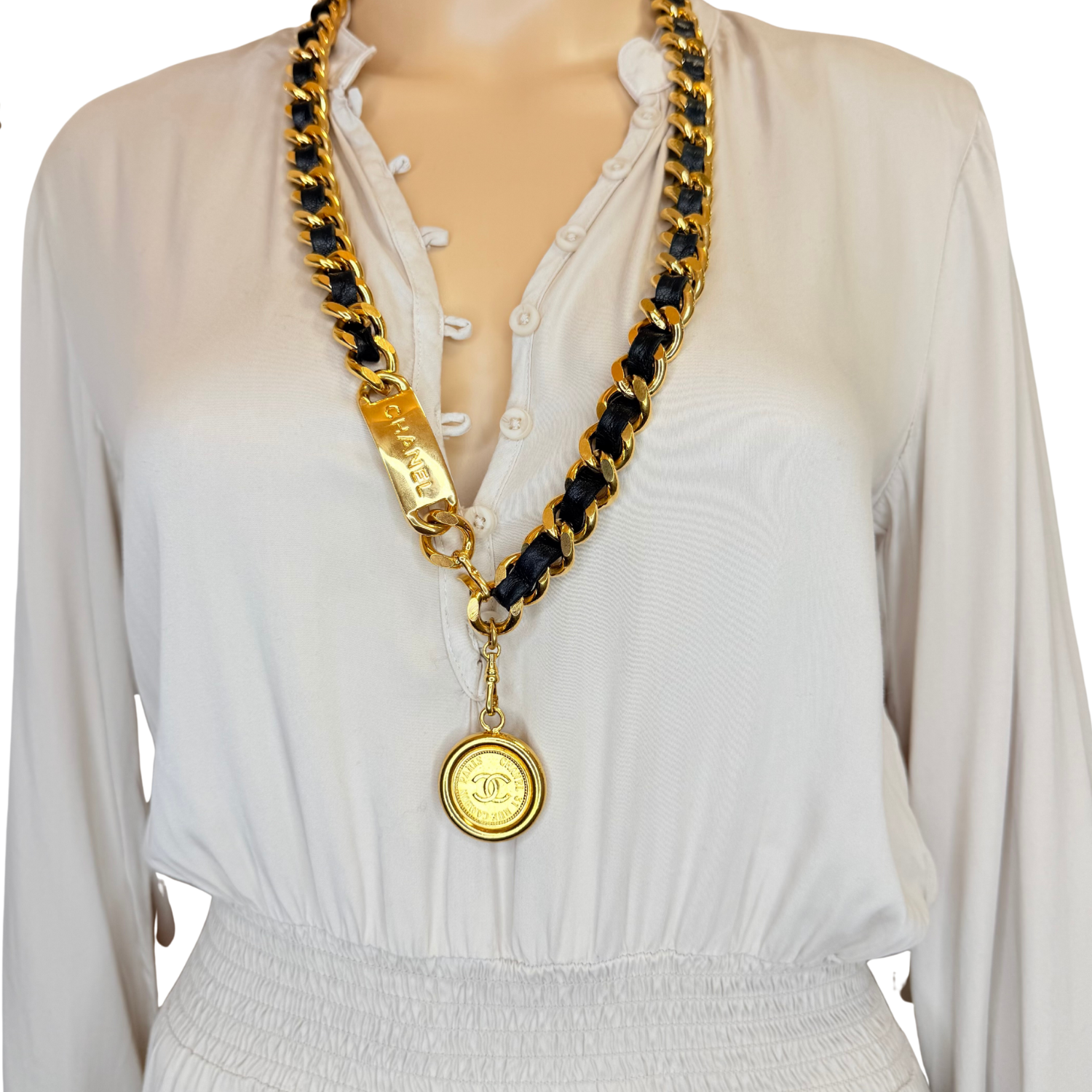 Chanel Vintage 1994 Interlocking CC Belt/Necklace Black and Gold