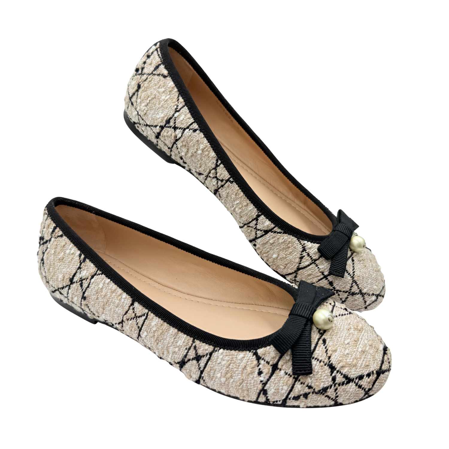 Christian Dior Tweed Cannage Ballet Flat Beige and Black