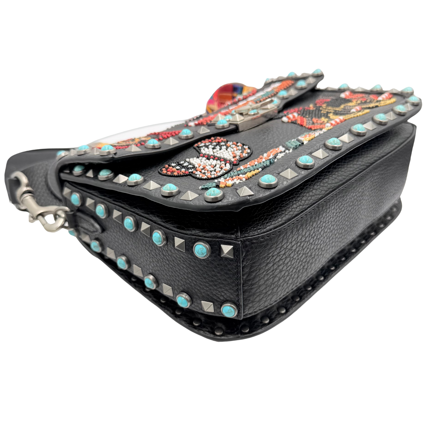 Beaded Rockstud Rolling Shoulder Bag w/ Guitar Strap Black