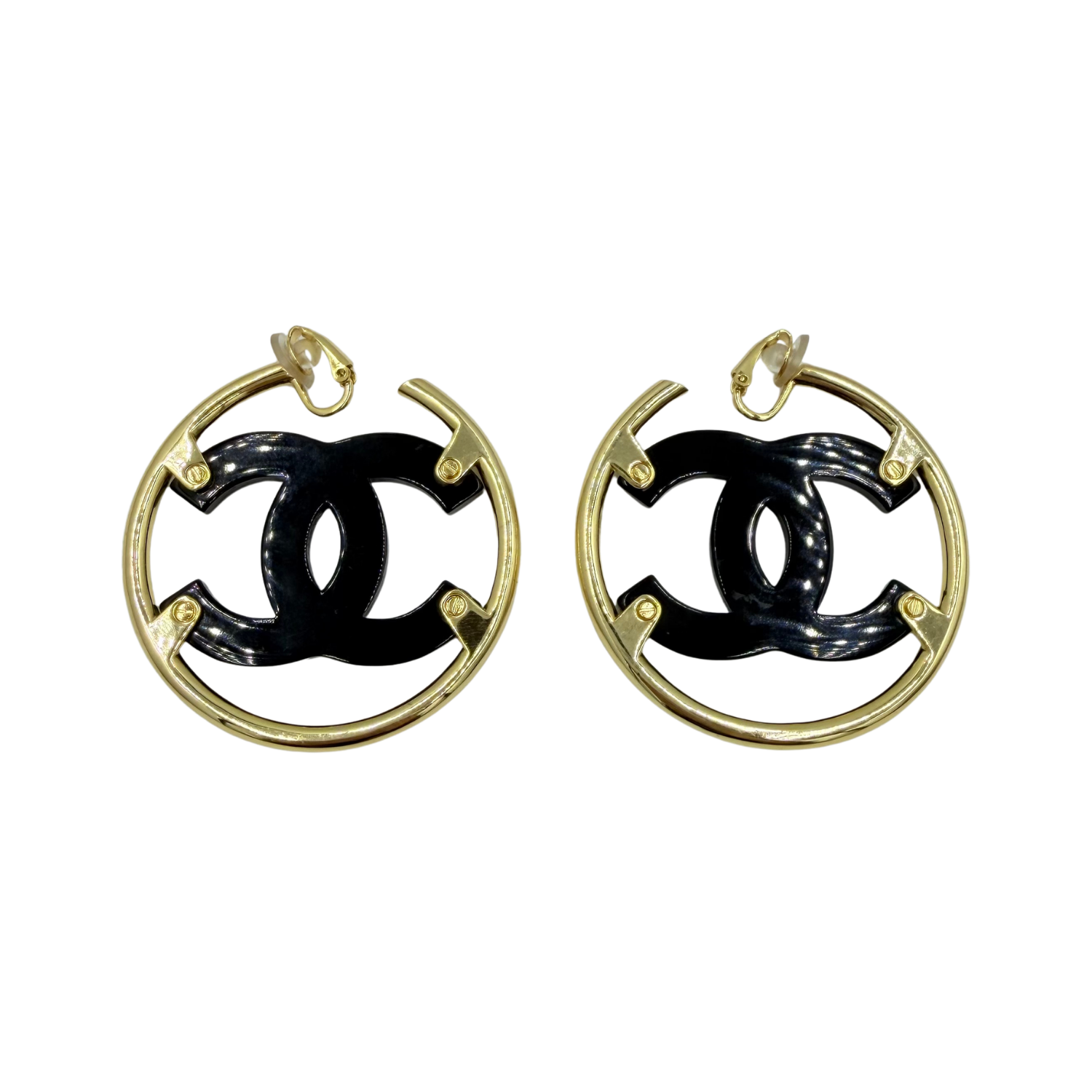 Vintage 24k Gold Plated CC Black Clip On Hoops