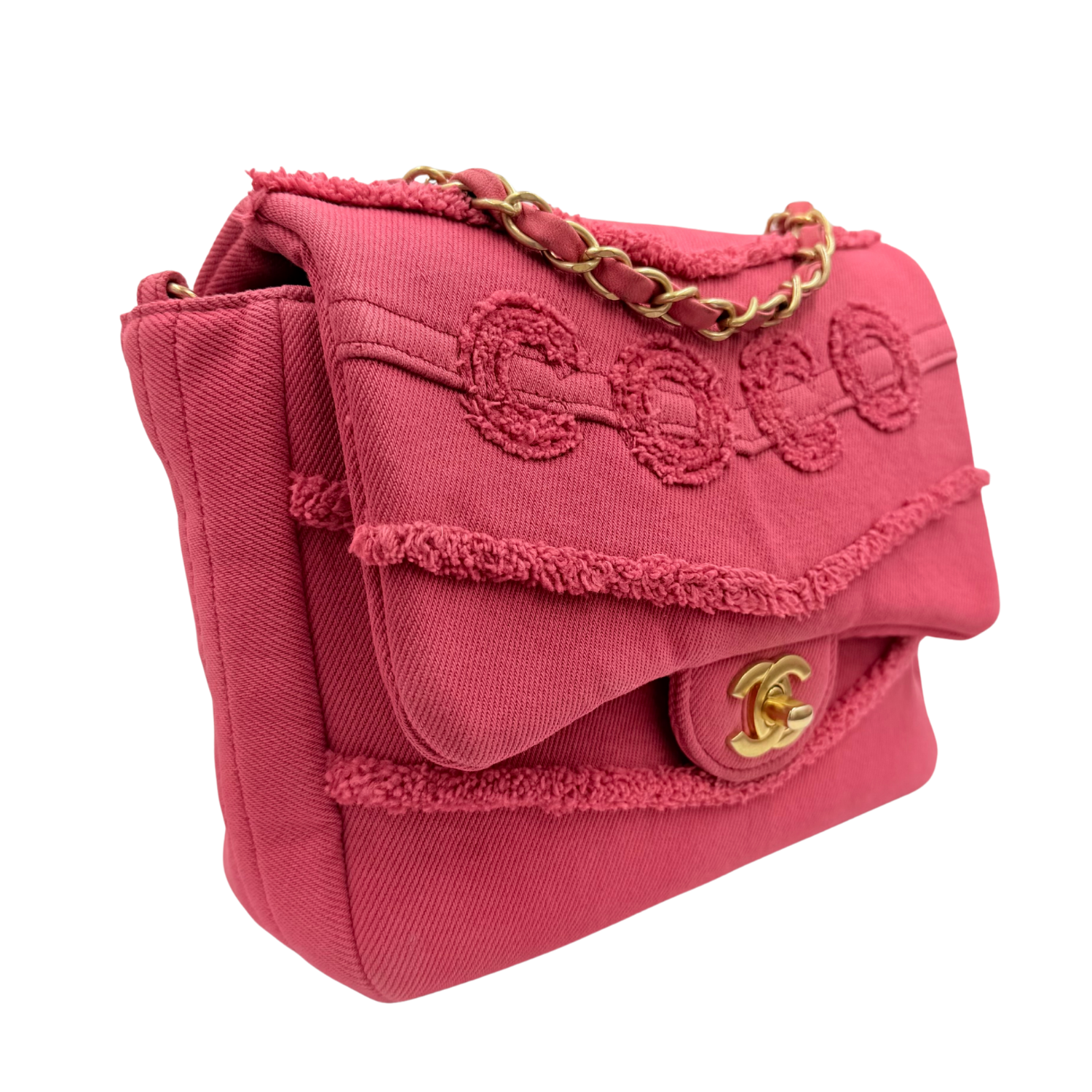 Chanel Small Coco Flap Bag Fringe Chevron Denim Pink