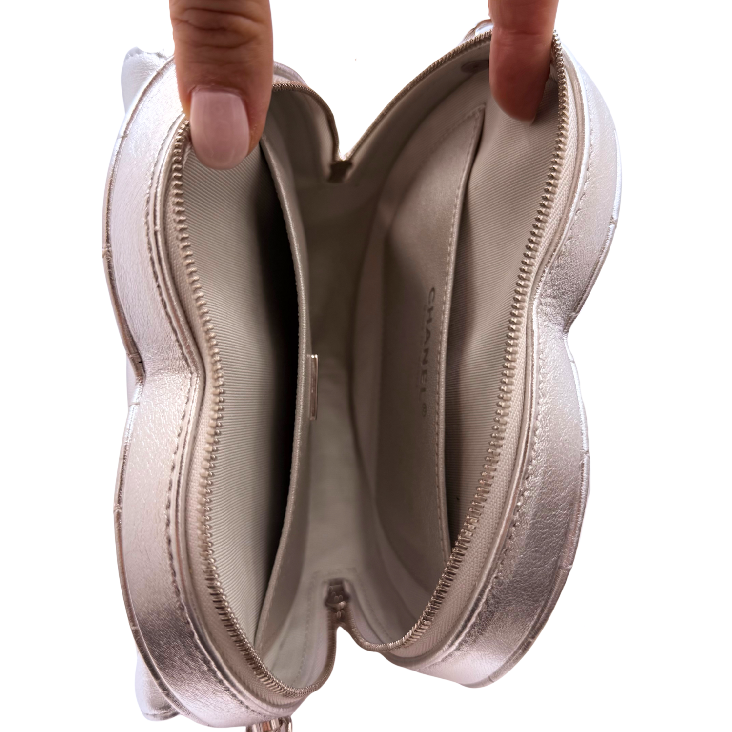 Chanel Large Lambskin Quilted CC In Love Heart Bag Silver