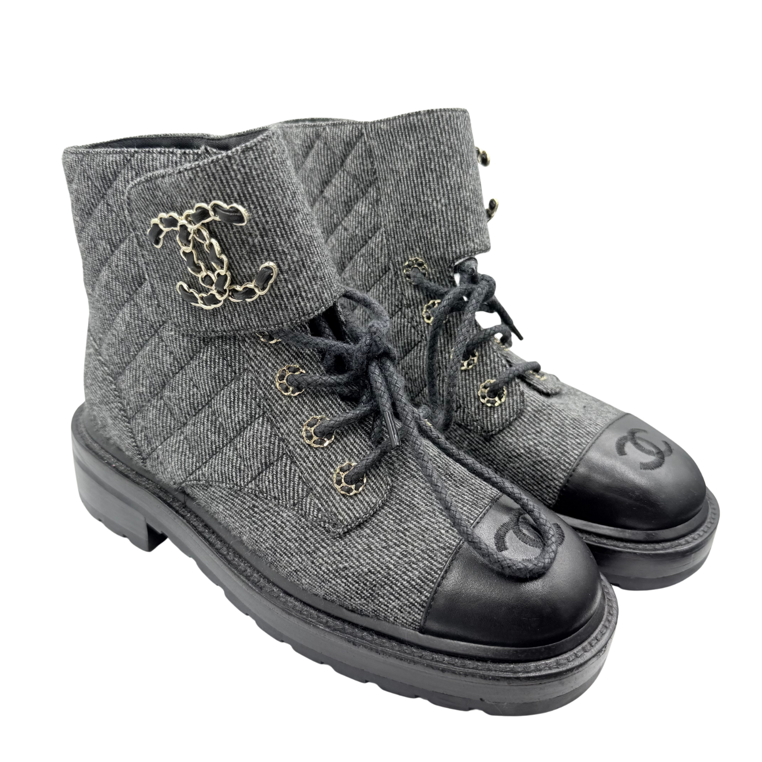 Chanel Chain CC Cap Toe Quilted Denim and Leather Lace Up Combat Boots Grey