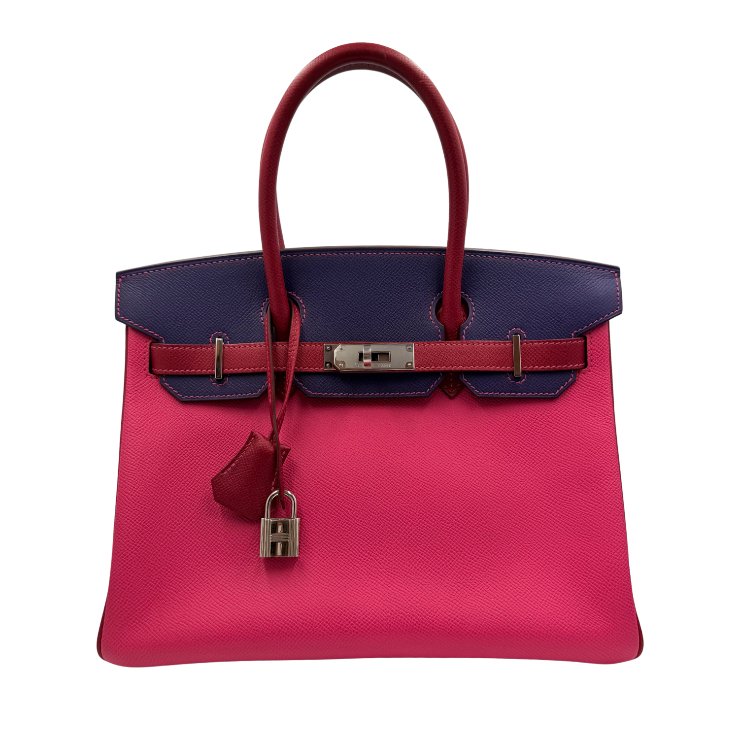 Hermès Special Order (HSS) Birkin 30 Epsom Leather Tri-Color Rose Tyrien, Blue Encre, and Rouge Casaque with Palladium Hardware