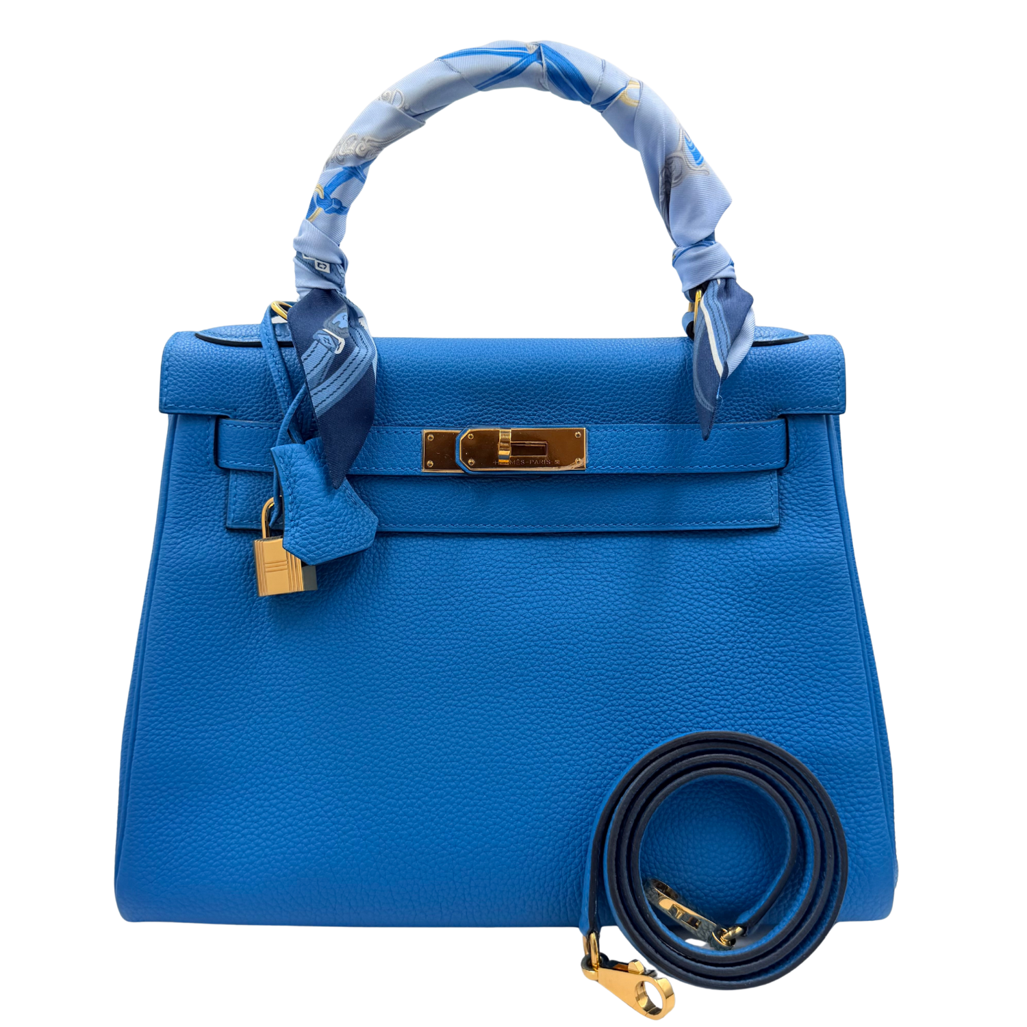 Kelly 28 Togo Blue Zanzibar Gold Hardware comes with Twilly