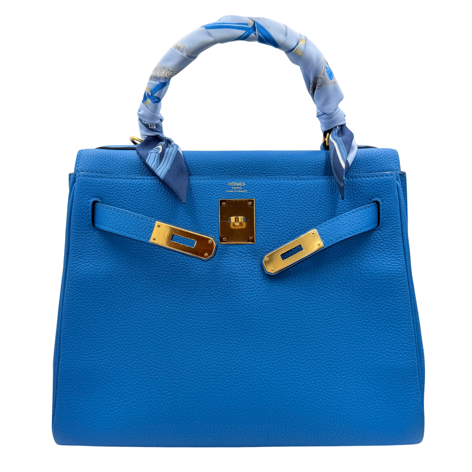 Kelly 28 Togo Blue Zanzibar Gold Hardware comes with Twilly