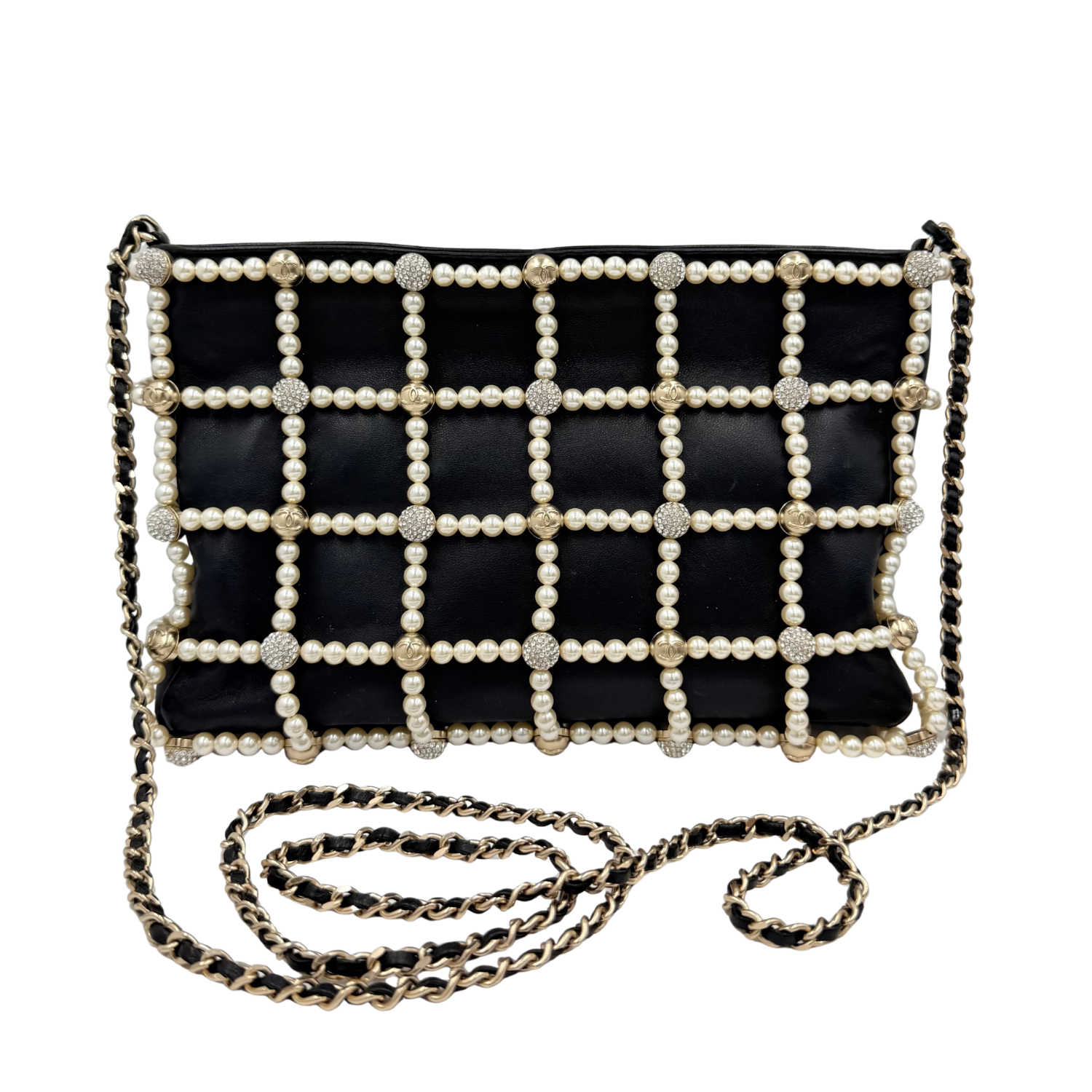 Small Pearl Chain Frame Shoulder Bag Black