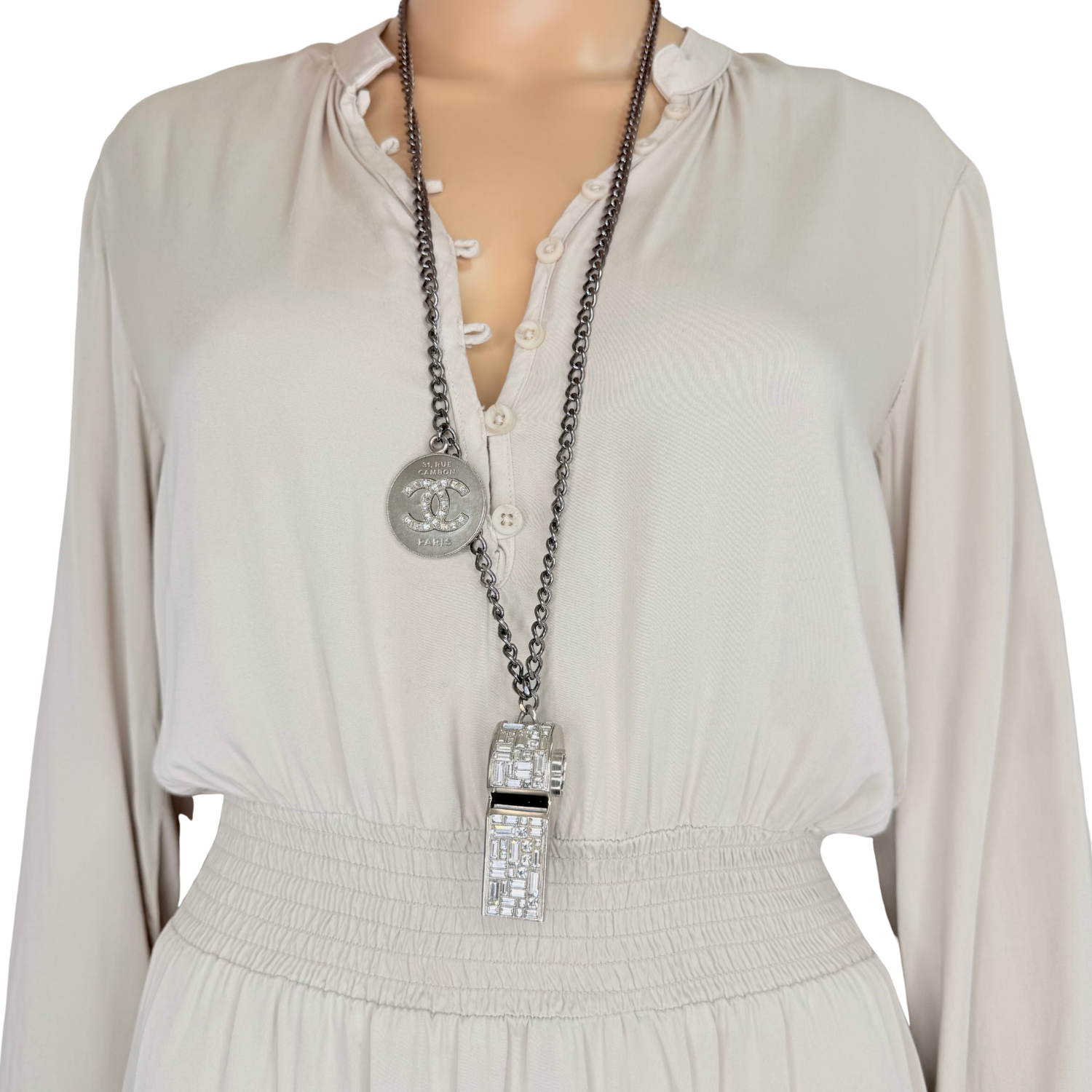 Chanel Strass CC Whistle Pendant Necklace Adjustable Silver