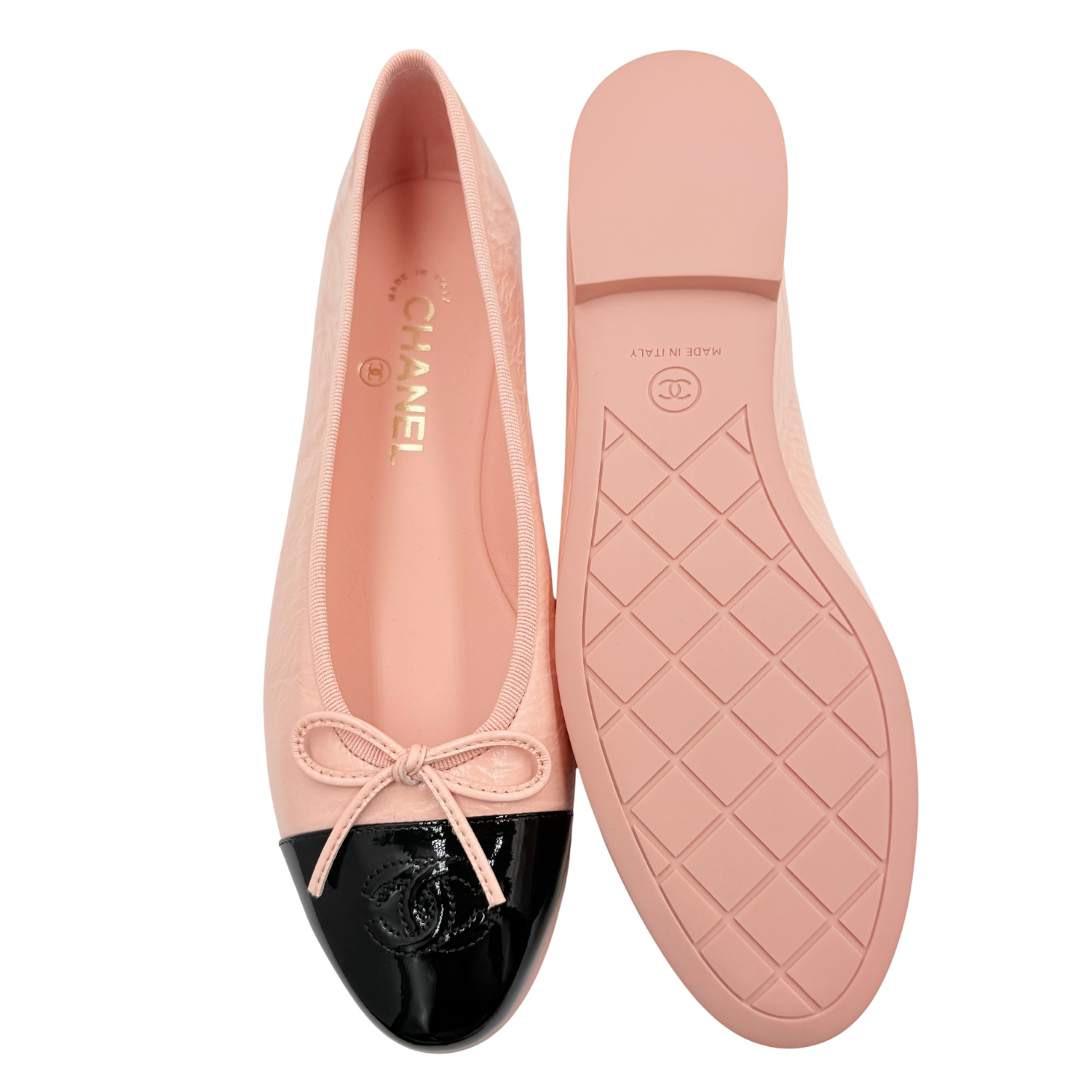 Chanel Bowtie Crumpled Calfskin Ballet Flats Pink