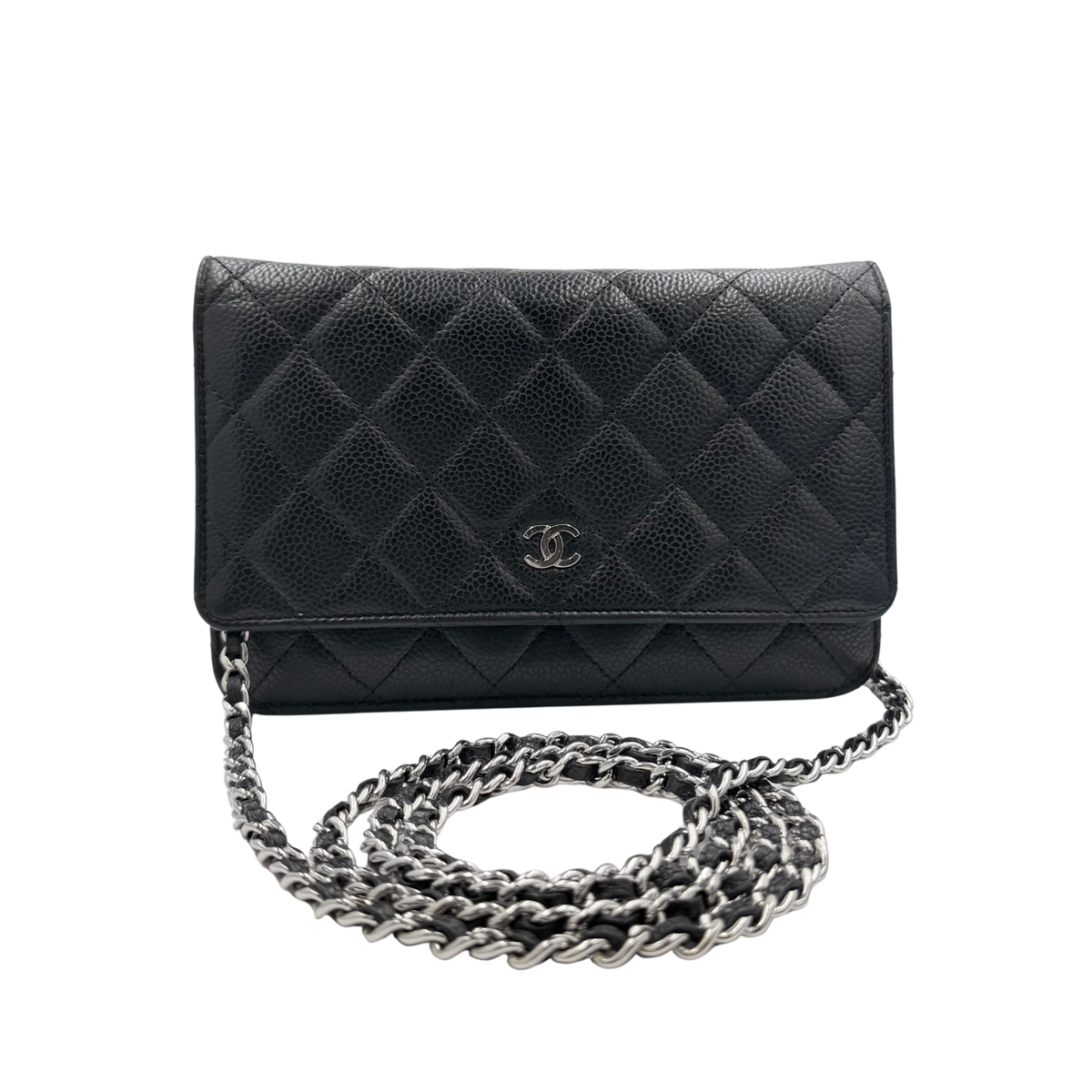 Chanel black quilted caviar Wallet on Chain, front view with silver-tone CC emblem and leather-interwoven chain