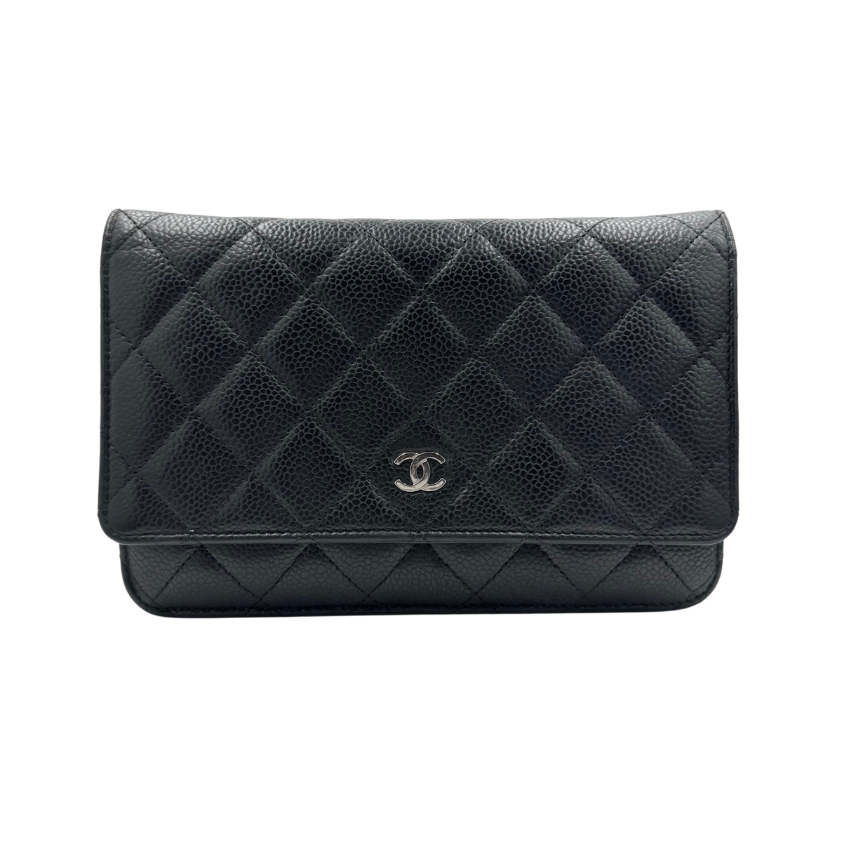 Chanel black quilted caviar Wallet on Chain, front view showing flap and CC emblem