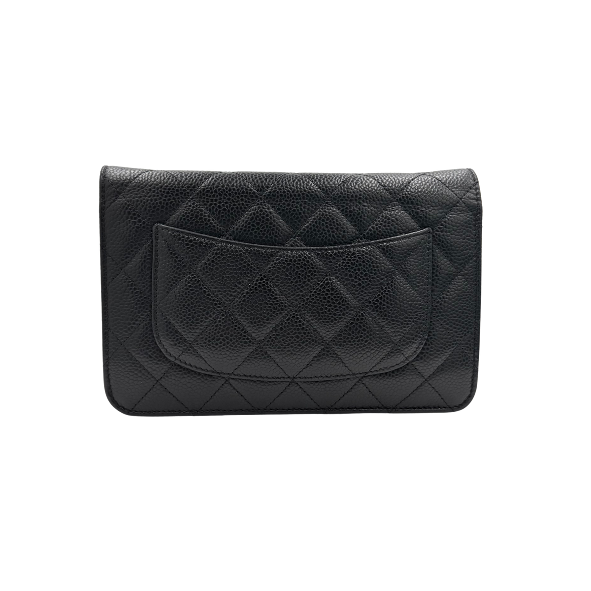 Chanel black quilted caviar Wallet on Chain, rear view with curved slip pocket