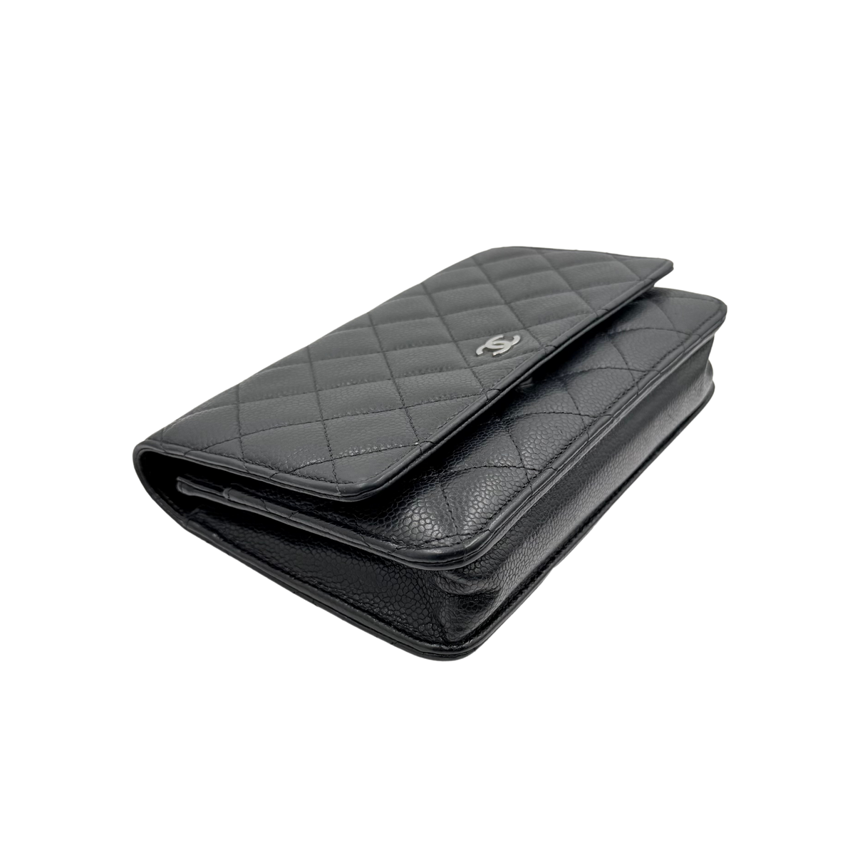 Chanel black caviar Wallet on Chain, angled base and corner view