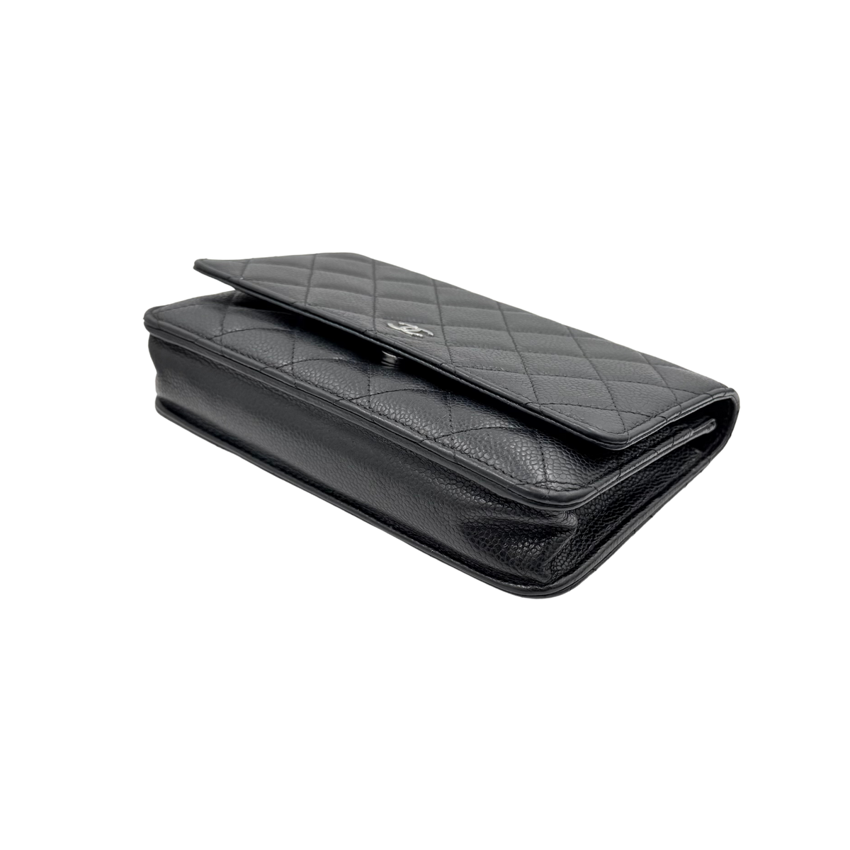 Chanel black caviar Wallet on Chain, opposite angled base and corner view