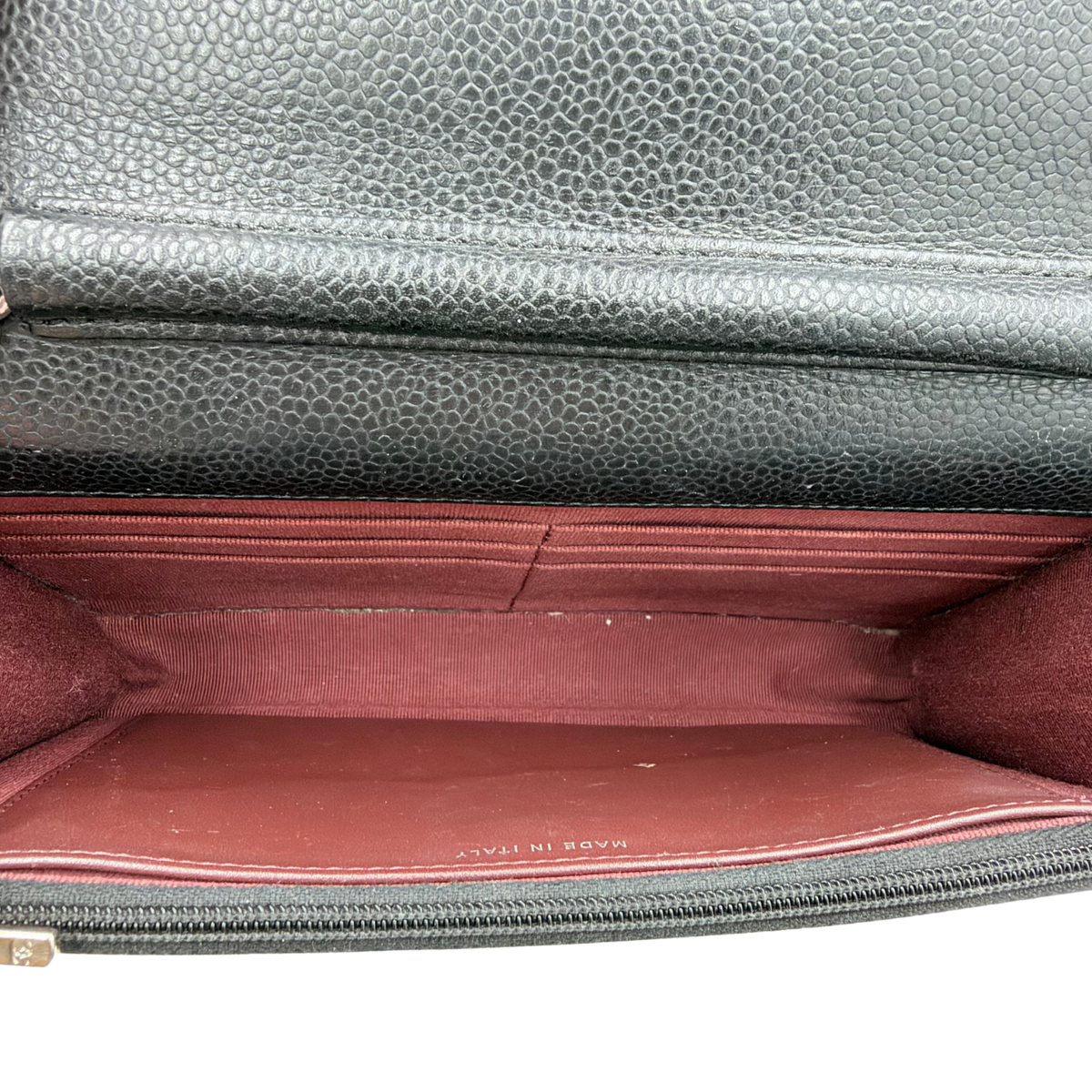 Chanel Wallet on Chain burgundy interior with card slots, zip pocket and Made in Italy stamp