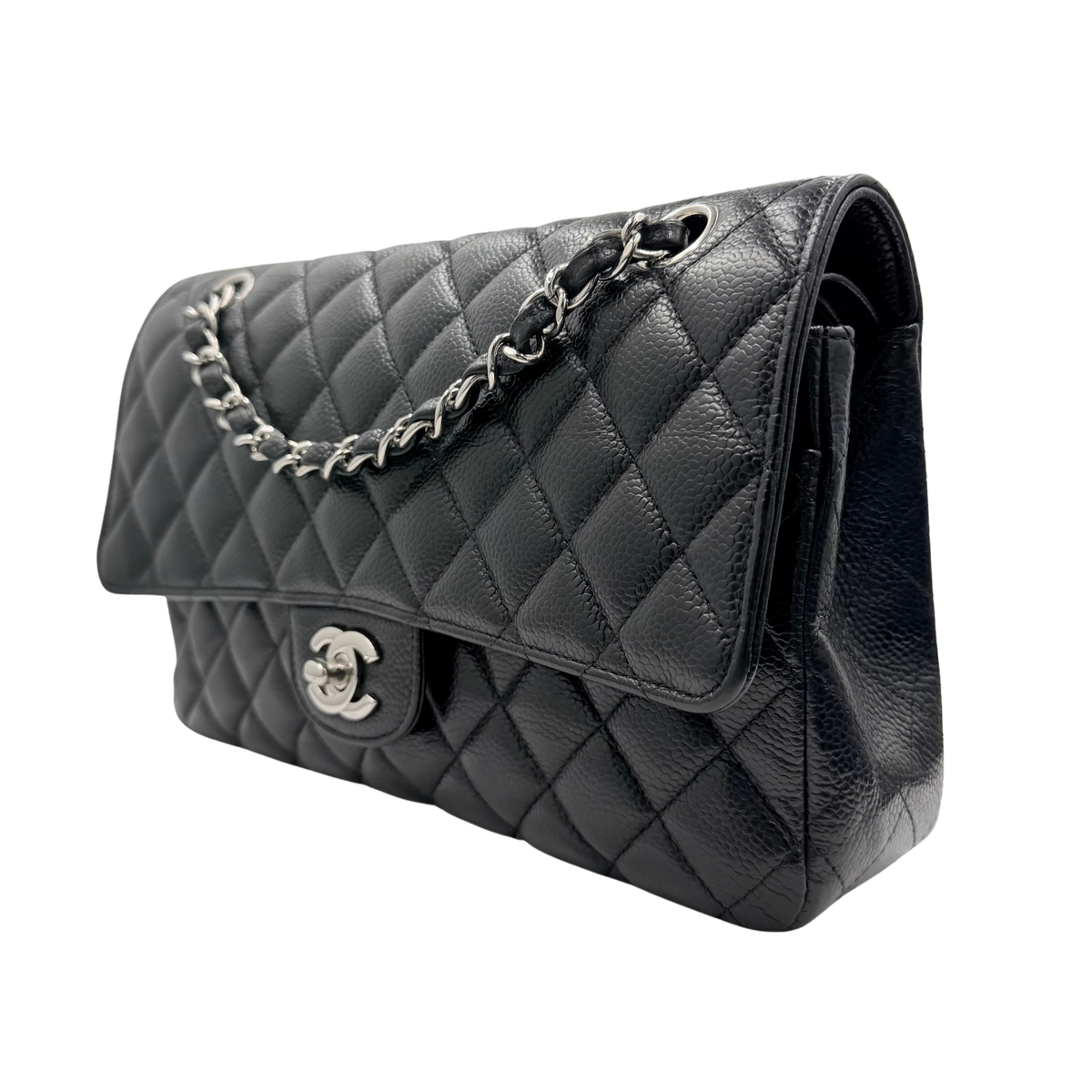 Chanel black caviar Medium Classic Flap, opposite front three-quarter view with silver-tone CC closure