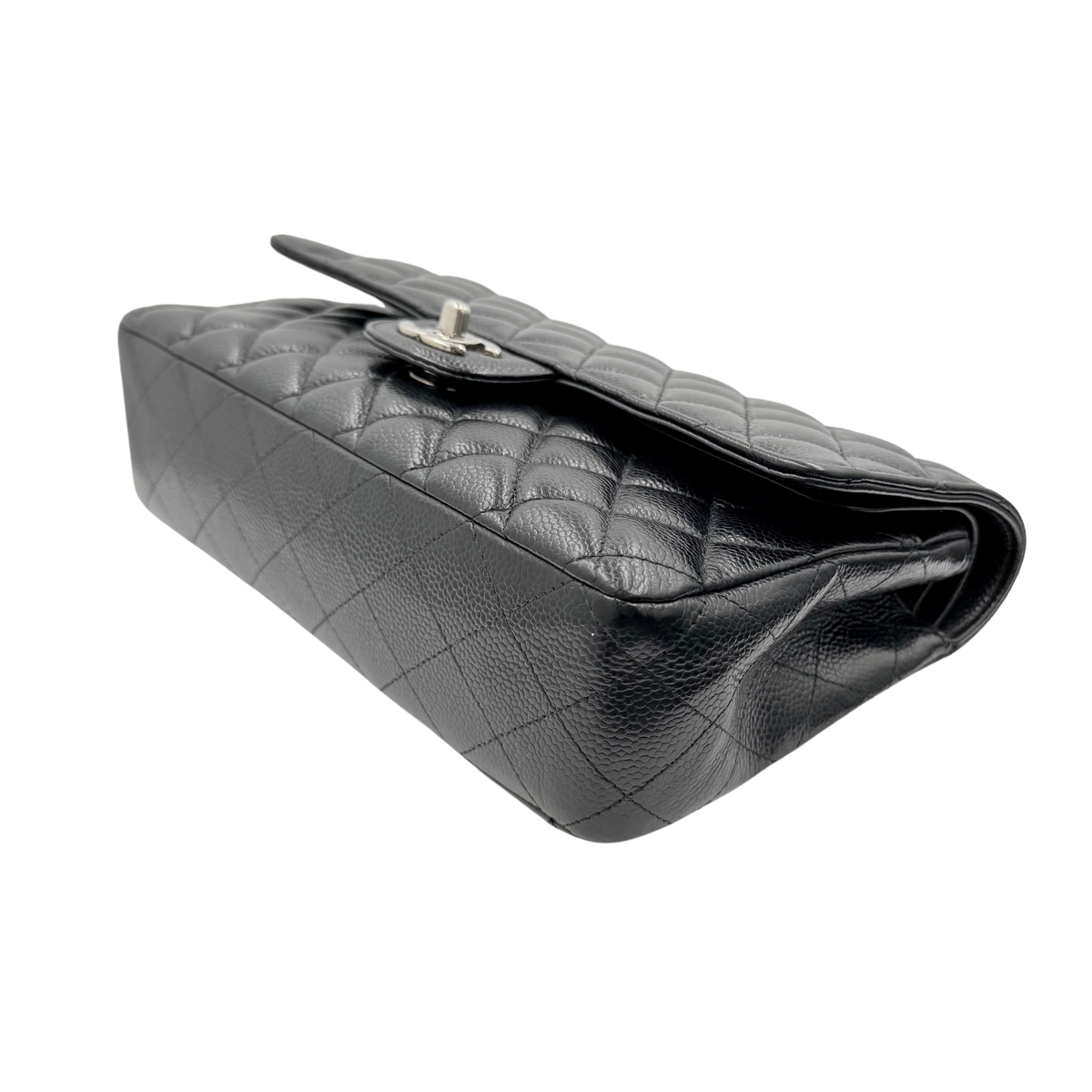 Chanel black caviar Medium Classic Flap, opposite angled base and corner view