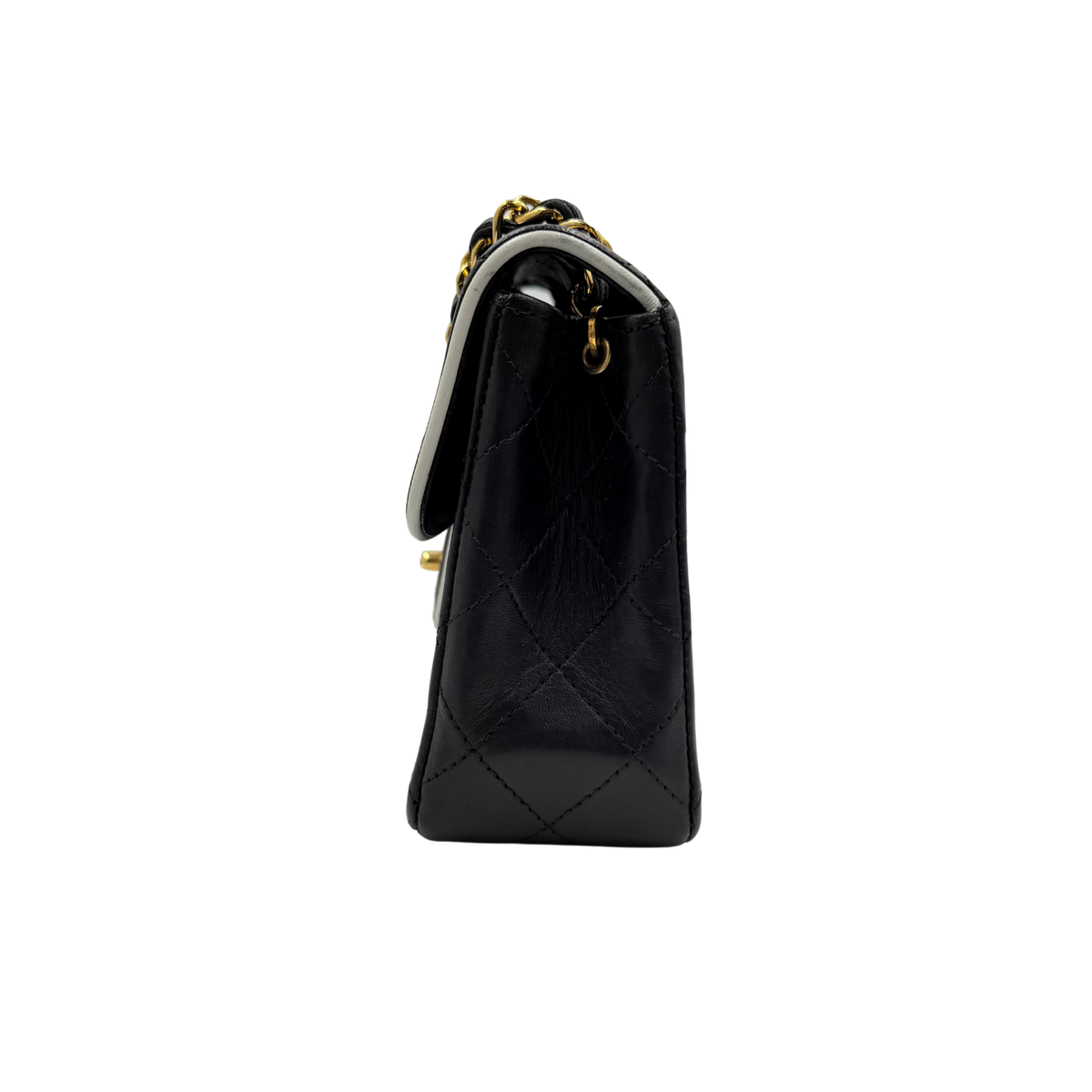 Chanel black quilted lambskin mini flap, opposite side profile