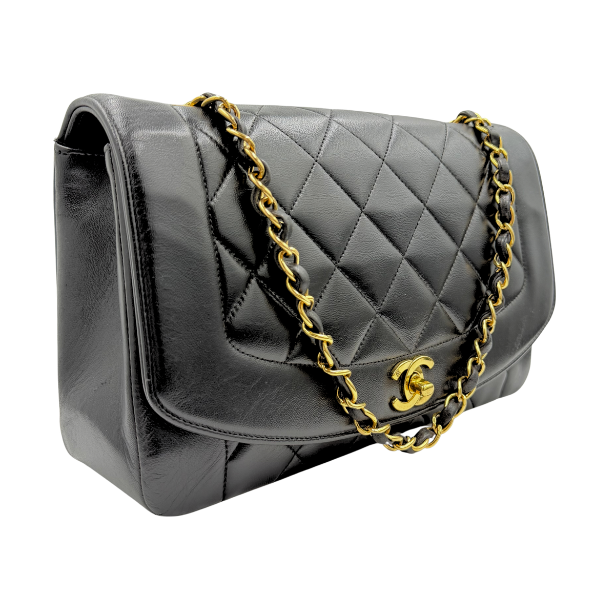 Chanel black Diana Medium flap bag, front three-quarter view showing smooth leather border and side panel
