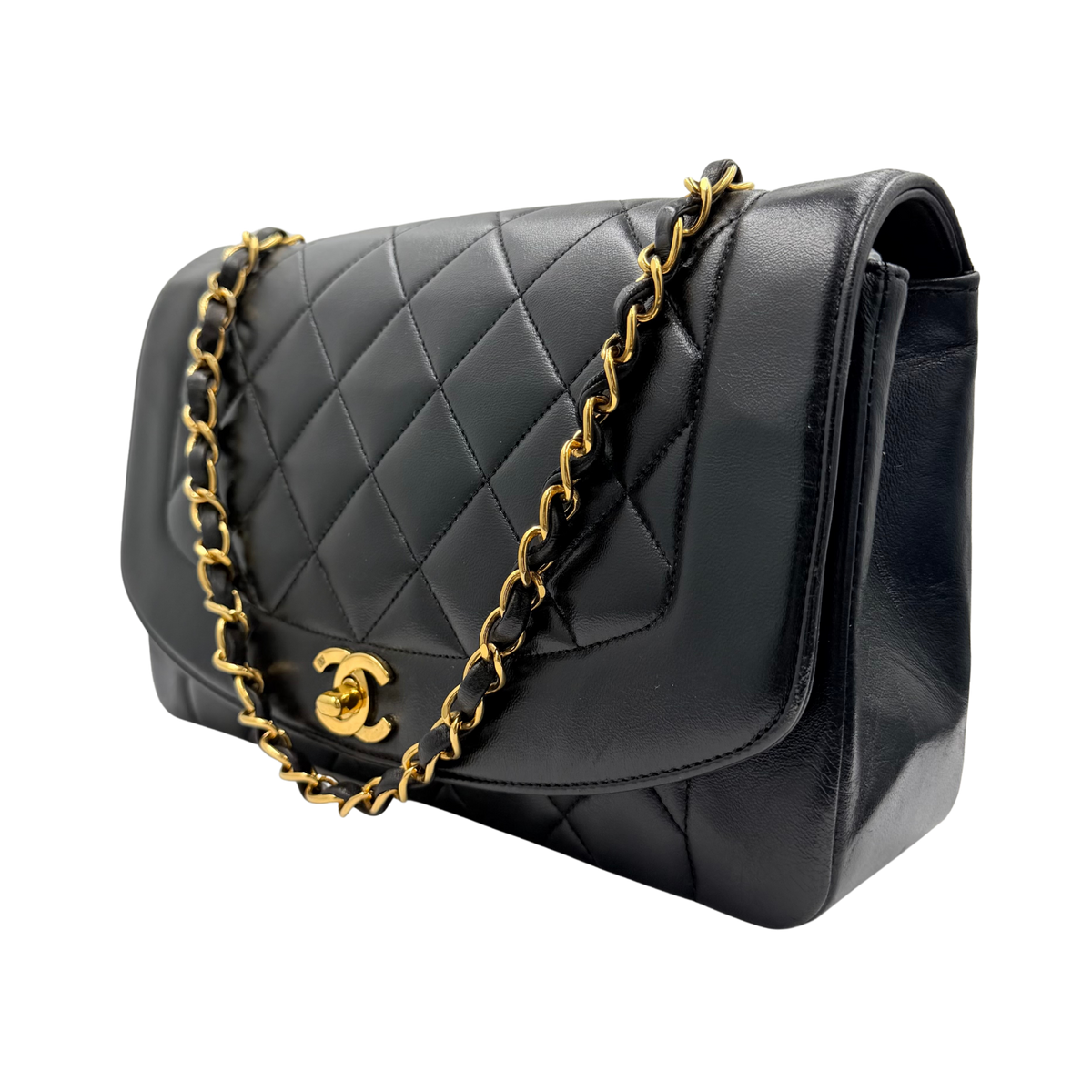 Chanel black Diana Medium flap bag, opposite front three-quarter view with gold-tone CC turn-lock