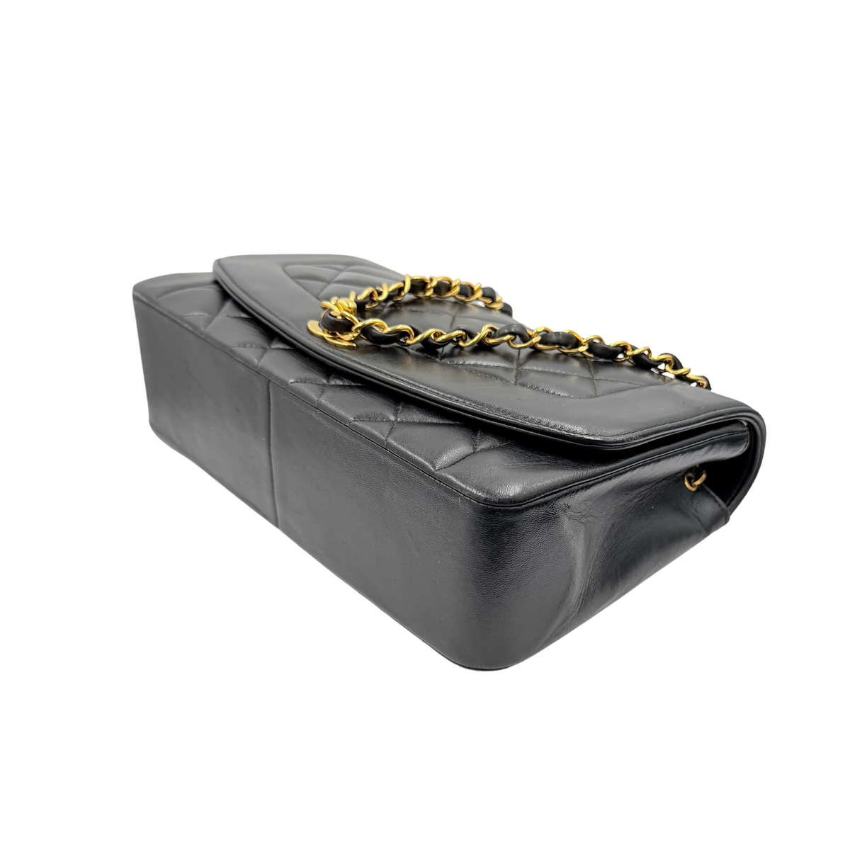 Chanel black Diana Medium flap bag, opposite angled base and corner view