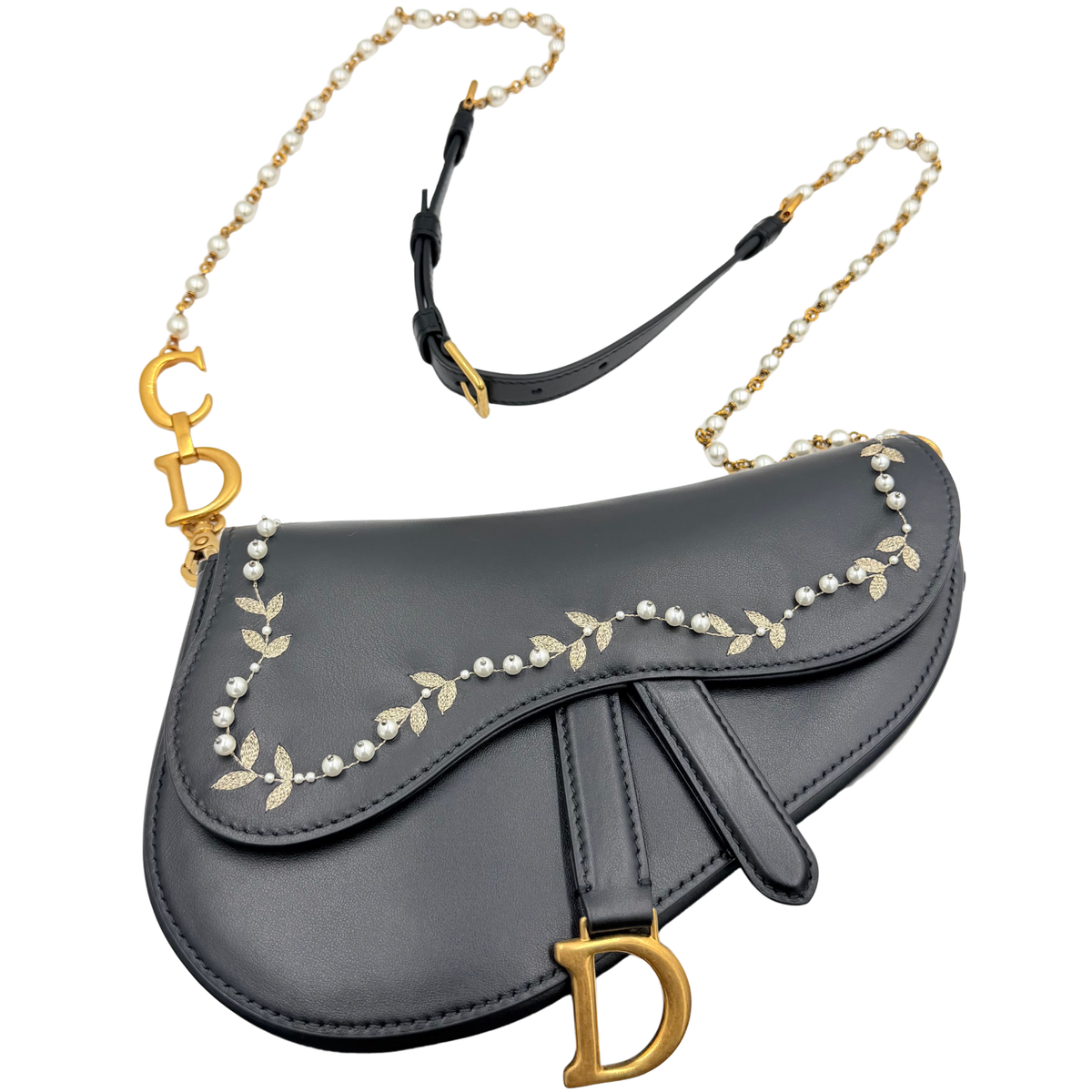 Christian Dior black leather Saddle bag with pearl-embellished flap, leaf embroidery and pearl chain strap