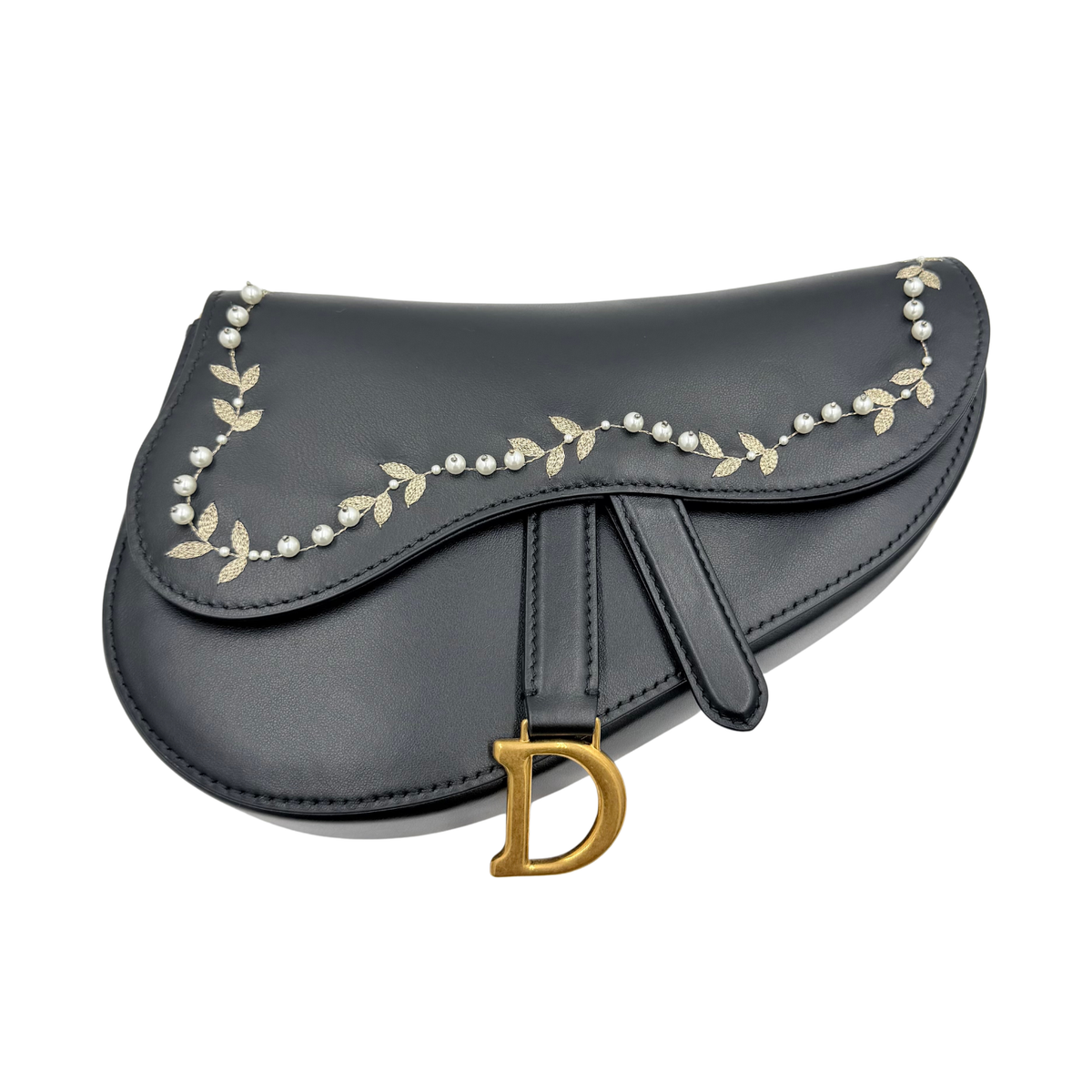 Christian Dior black leather Saddle bag, front view showing pearl trim, leaf embroidery and gold-tone D charm