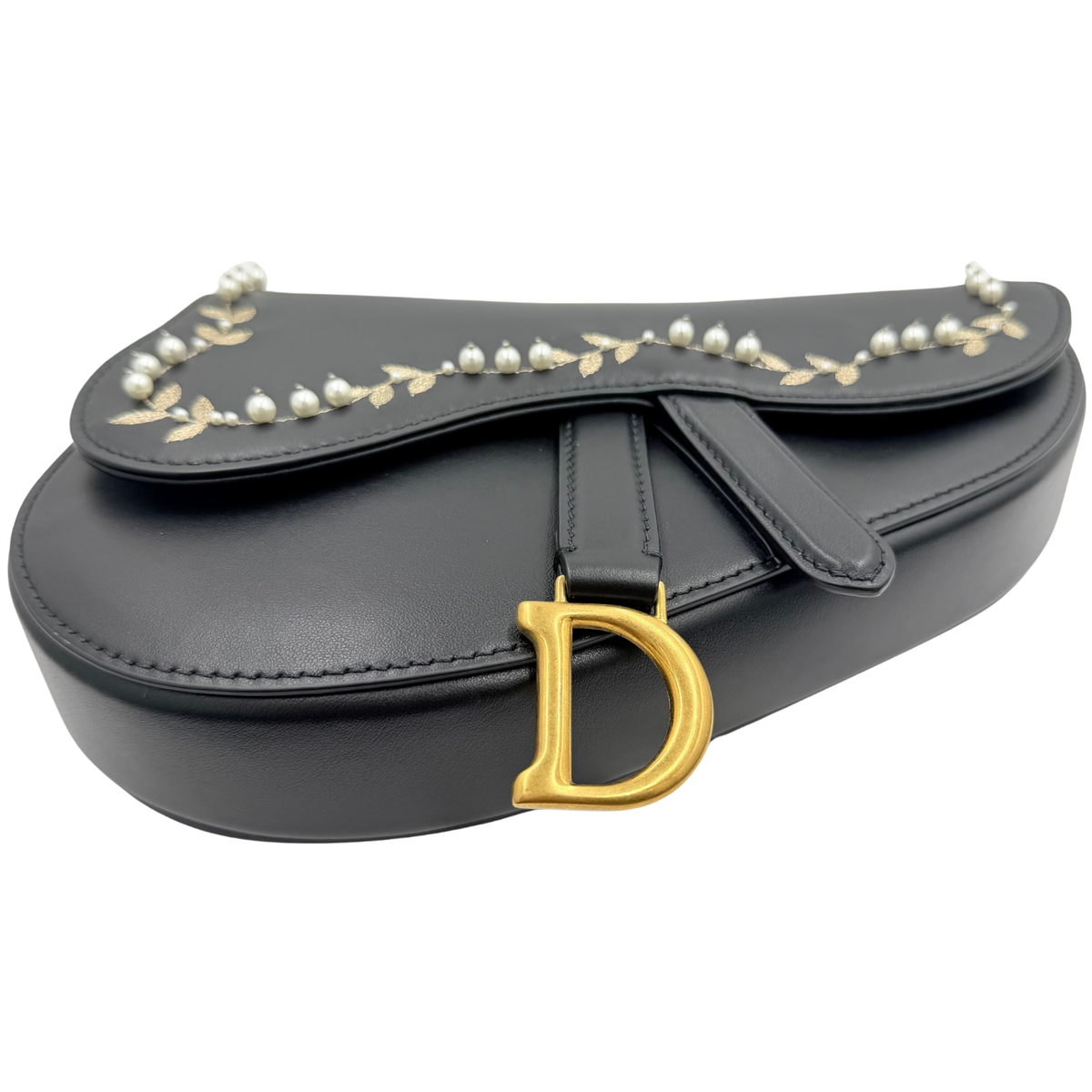 Christian Dior black leather Saddle bag, angled front and base view